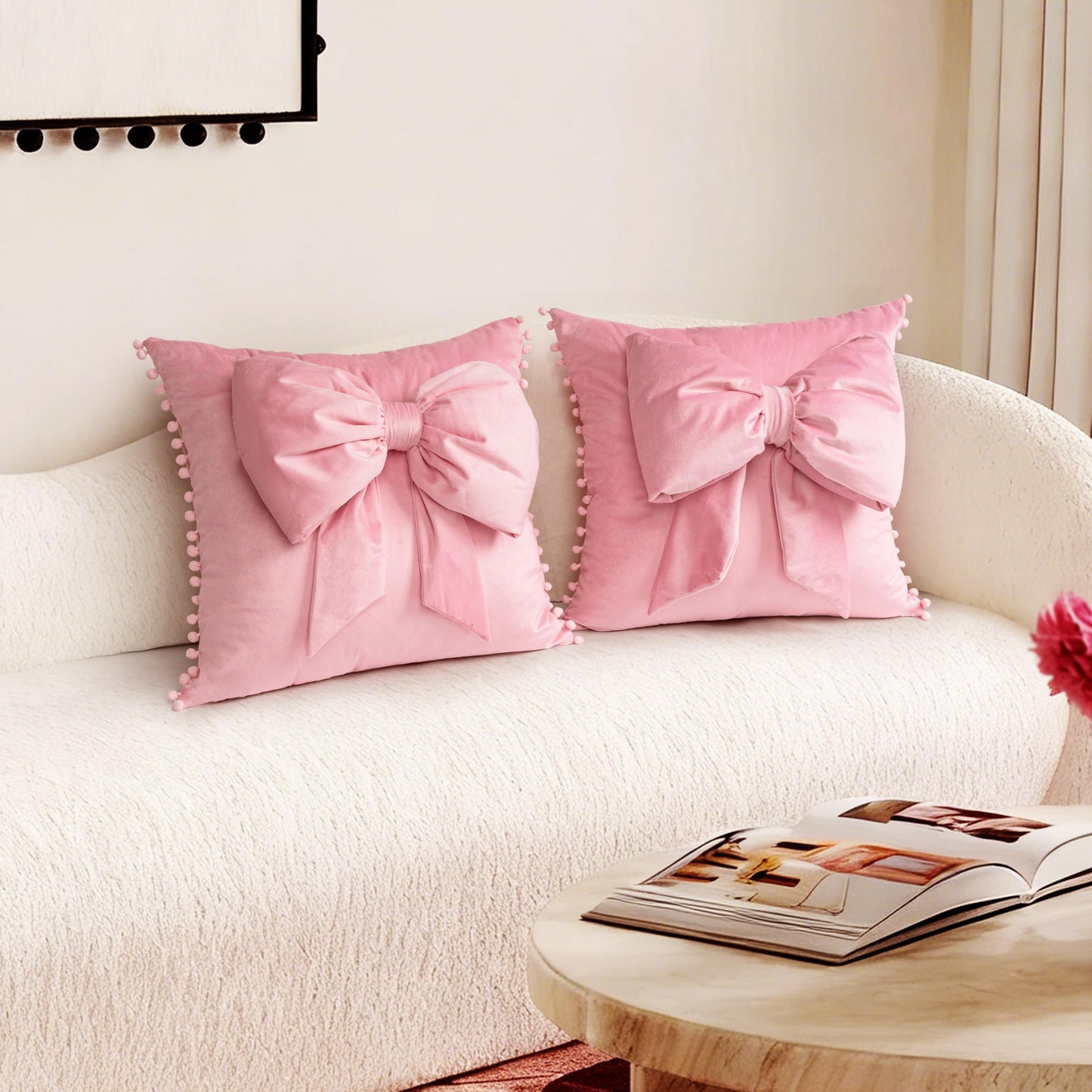 AELS Bow Pillow Cover, 18x18 Bow Decorative Set of 2, Velvet Bowknot Pillow Cover with Pom-poms for Valentine's Day, Wedding, Christmas, Living Room, Bedroom, Nursery Decor, Navy Blue