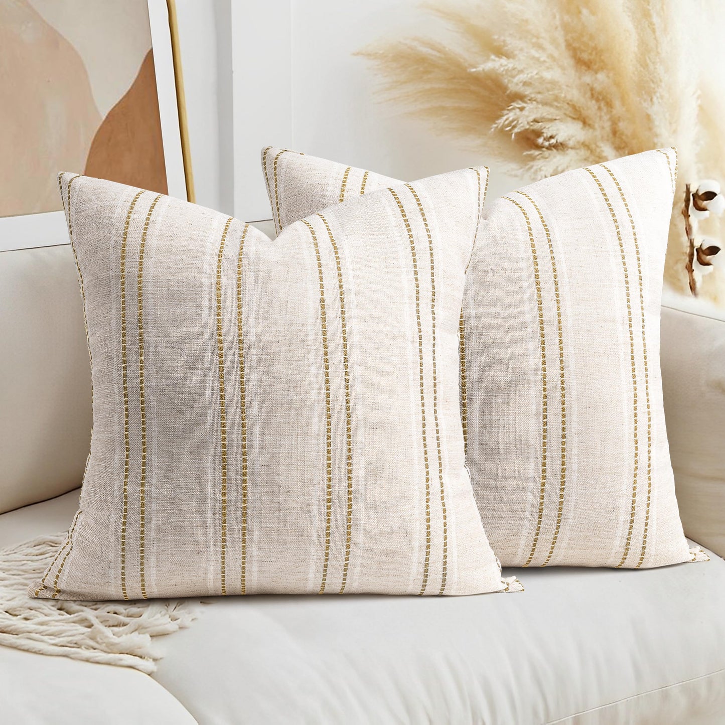 AELS 14x36 Decorative Lumbar Throw Pillow Covers, Farmhouse Linen Textured Long Pillow Case, Beige with White & Navy Blue Stitch Boho Cushion Cover for Couch Living Room (Cover ONLY)