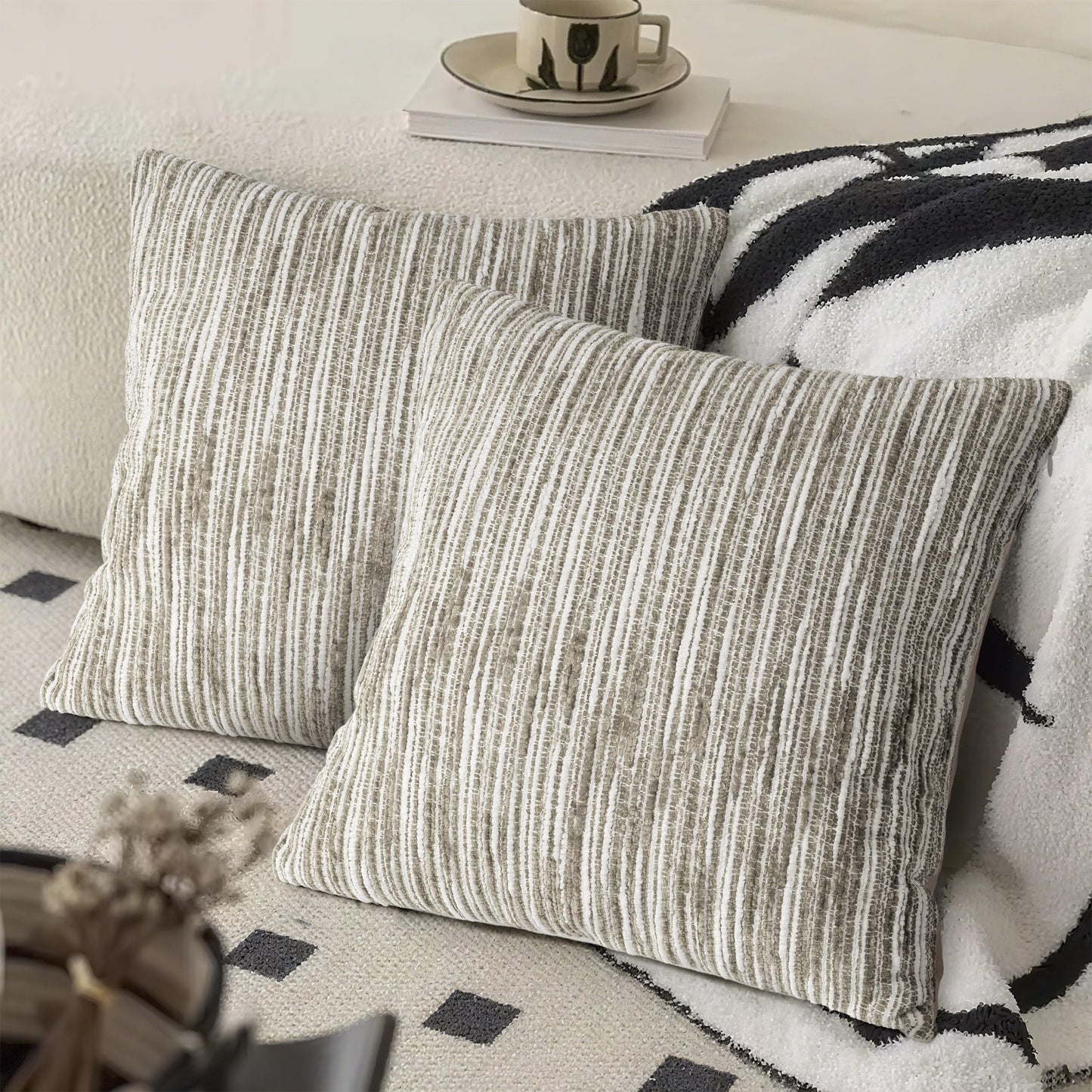 AELS 18x18 Decorative Farmhouse Throw Pillow Covers, Chenille Striped Pillow Case, Set of 2, Boho Textured Cushion Cover for Sofa Couch Living Room (Cover ONLY), Black and White