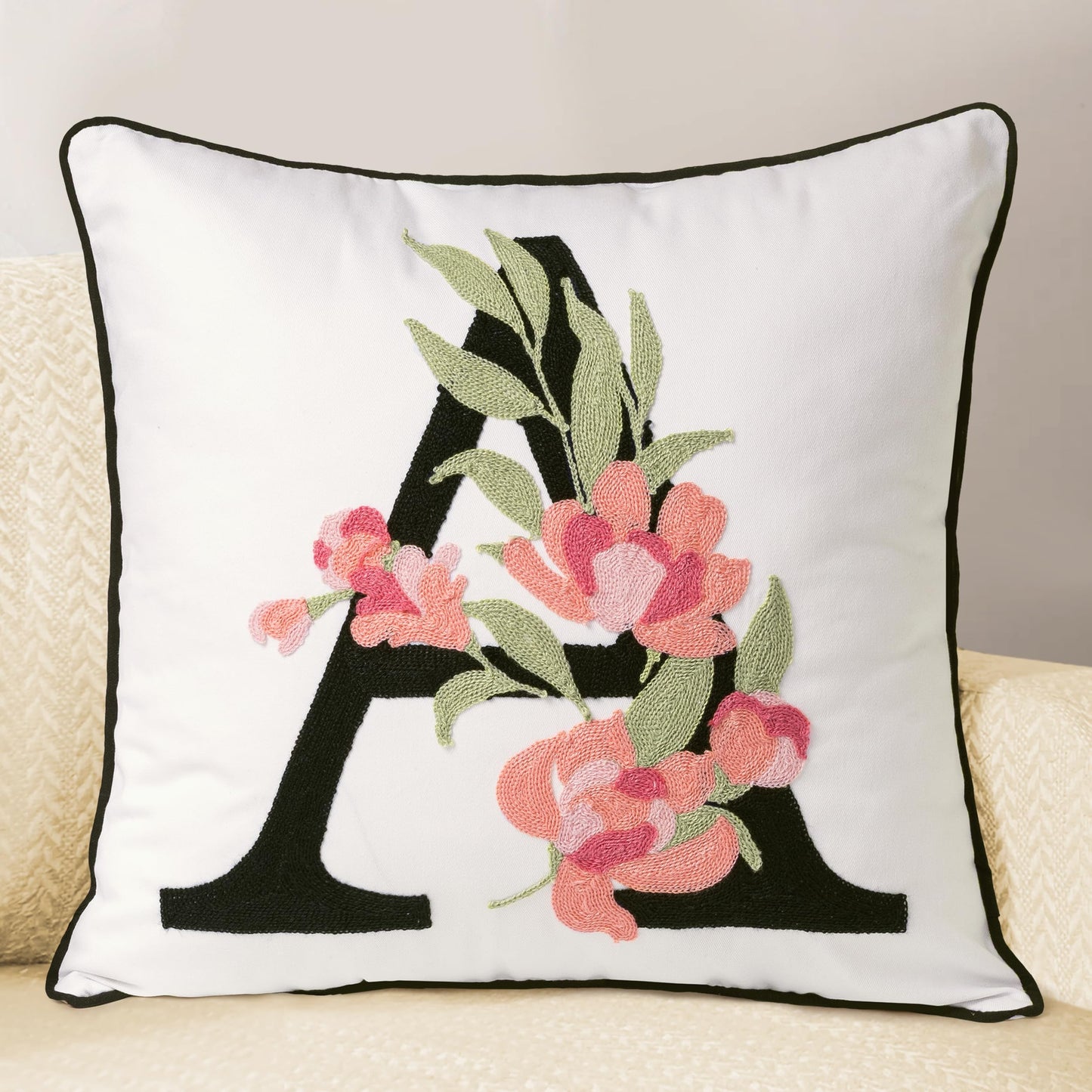 AELS Embroidered Letter Throw Pillow Cover, Chic Modern Botanical Alphabet Cushion Cover with Floral Monogram, 18"x18" Cotton Decorative Pillowcase for Couch, Sofa, Bed, or Living Room Decor, Letter A