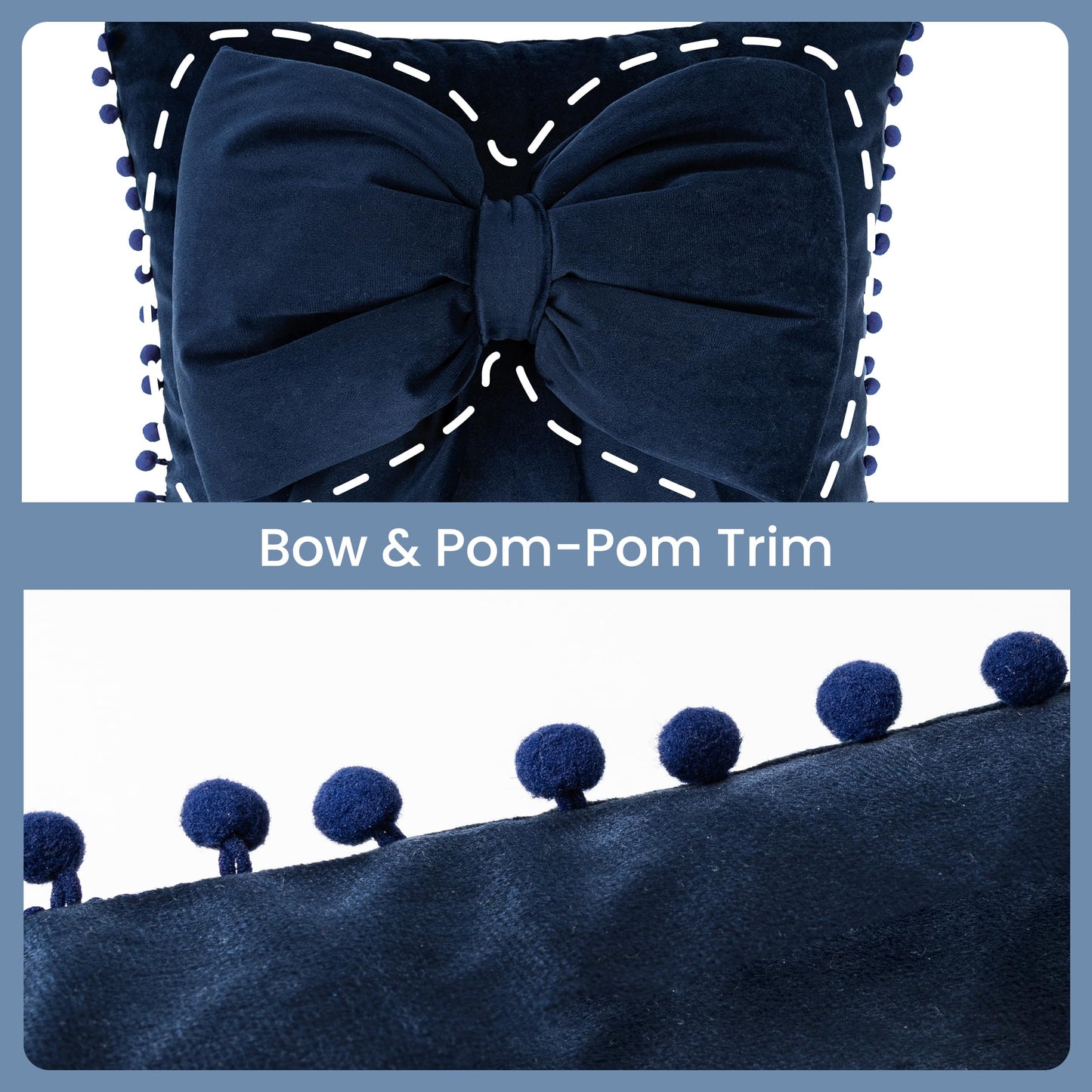 AELS Bow Pillow Cover, 18x18 Bow Decorative Set of 2, Velvet Bowknot Pillow Cover with Pom-poms for Valentine's Day, Wedding, Christmas, Living Room, Bedroom, Nursery Decor, Navy Blue