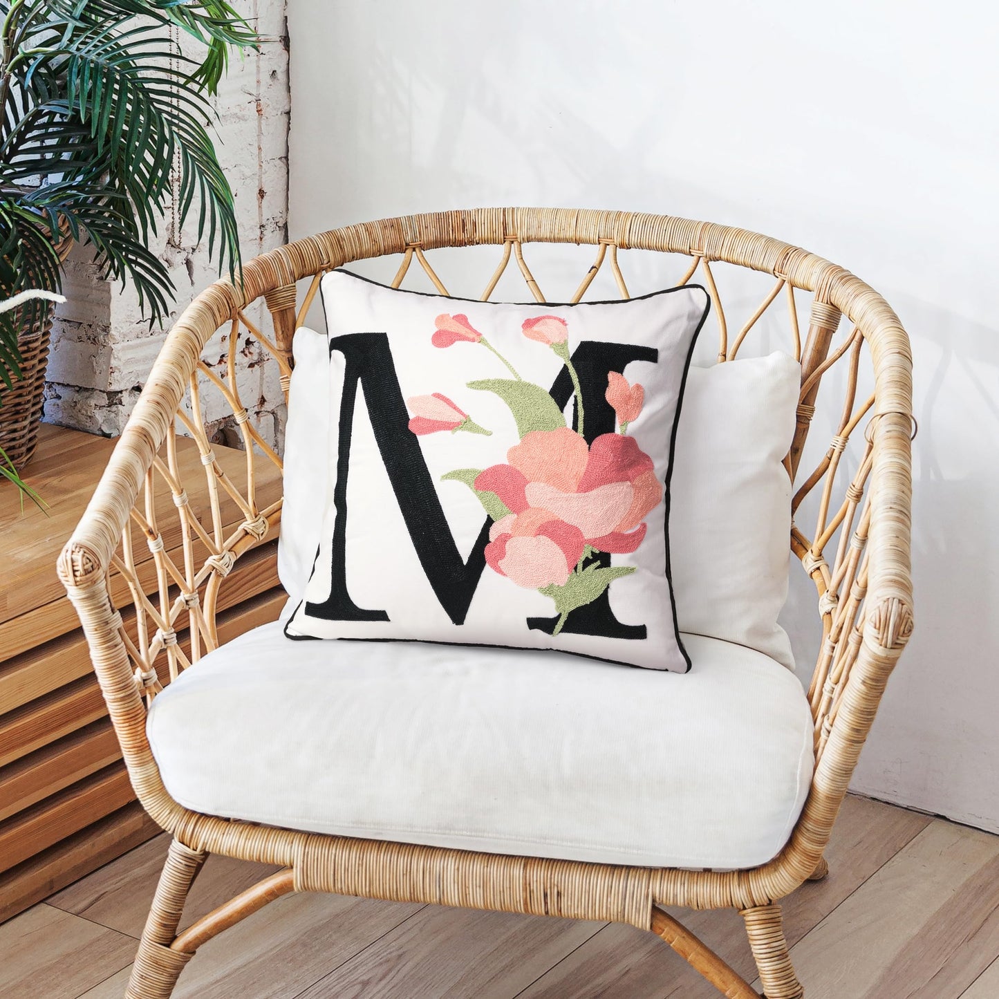 AELS Embroidered Letter Throw Pillow Cover, Chic Modern Botanical Alphabet Cushion Cover with Floral Monogram, 18"x18" Cotton Decorative Pillowcase for Couch, Sofa, Bed, or Living Room Decor, Letter A