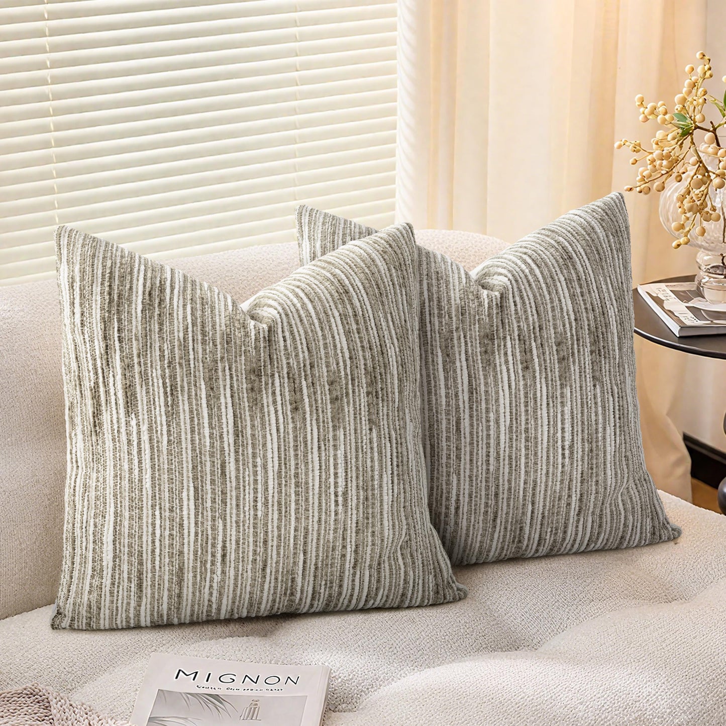 AELS 18x18 Decorative Farmhouse Throw Pillow Covers, Chenille Striped Pillow Case, Set of 2, Boho Textured Cushion Cover for Sofa Couch Living Room (Cover ONLY), Black and White