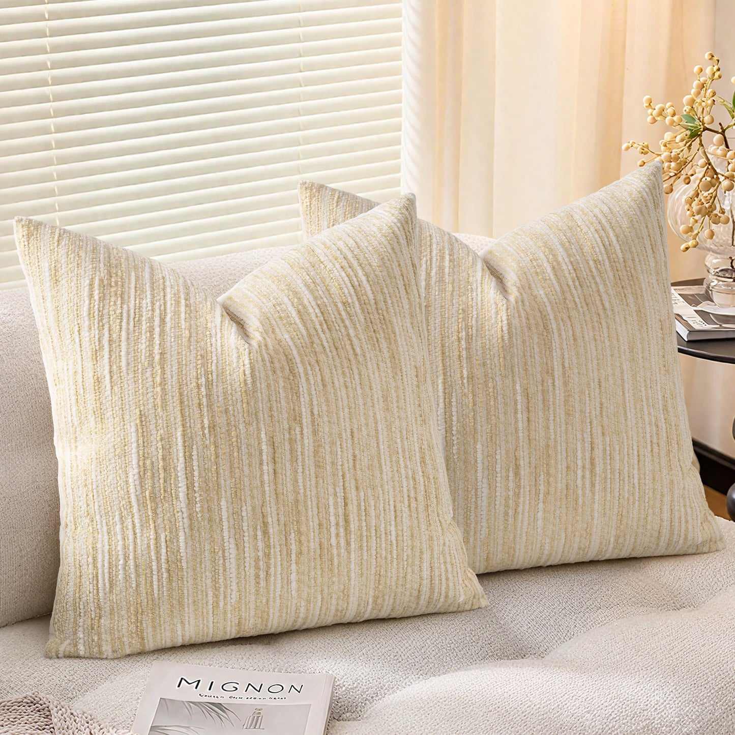 AELS 18x18 Decorative Farmhouse Throw Pillow Covers, Chenille Striped Pillow Case, Set of 2, Boho Textured Cushion Cover for Sofa Couch Living Room (Cover ONLY), Black and White