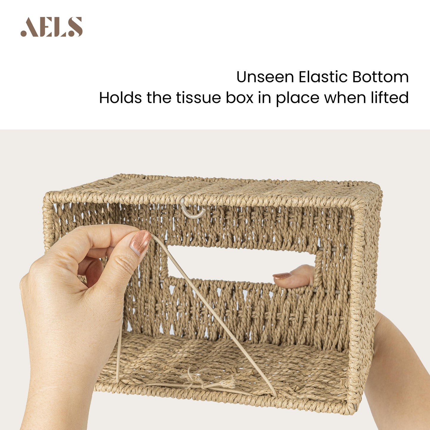 AELS Farmhouse Tissue Box Cover Square, Hand Woven Strawpaper Facial Tissue Paper Holder, Cute Tissue Box Holder Square, Boho Bathroom Decor Box for Tissues Cube Box w/Elastic Bottom, Beige