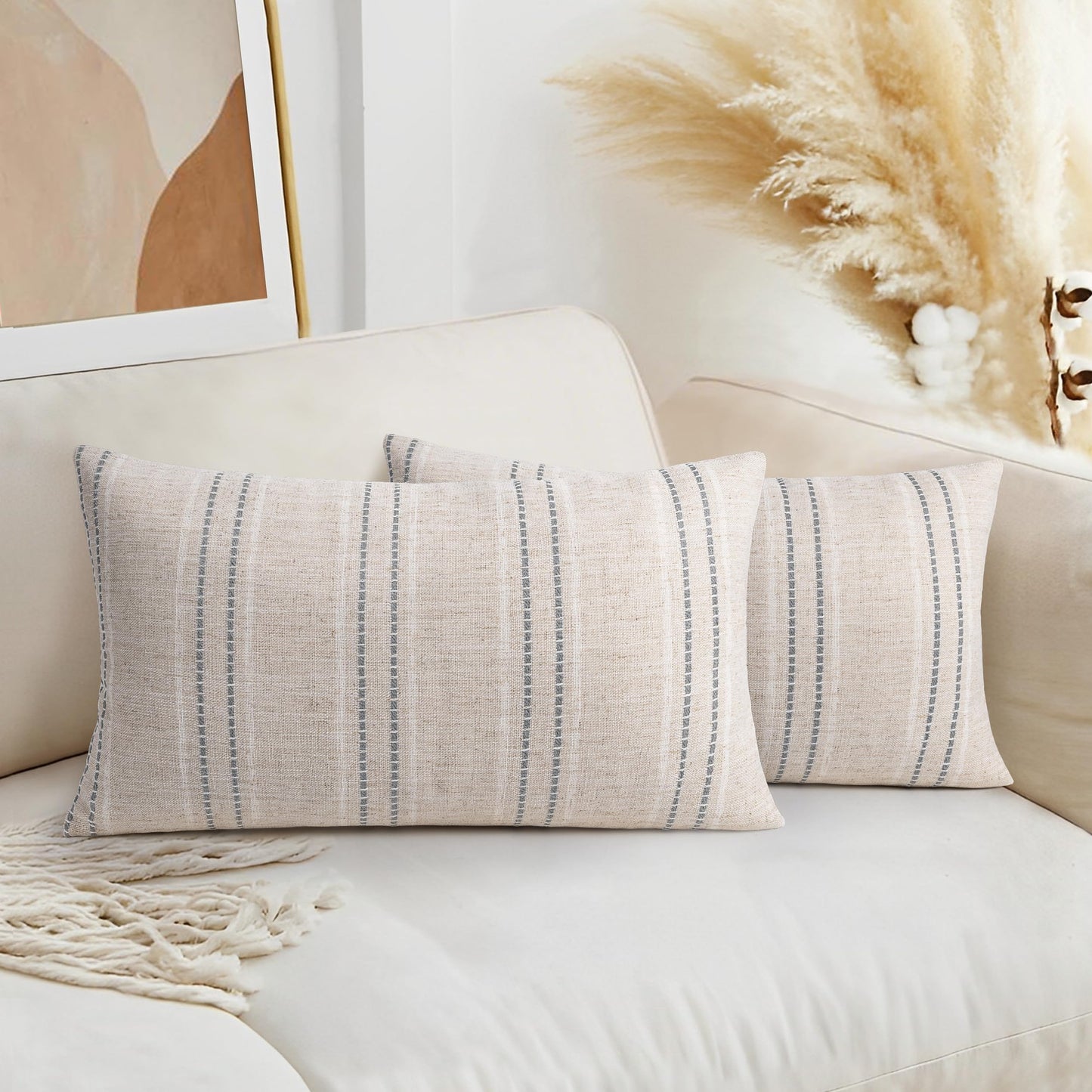 AELS 14x36 Decorative Lumbar Throw Pillow Covers, Farmhouse Linen Textured Long Pillow Case, Beige with White & Navy Blue Stitch Boho Cushion Cover for Couch Living Room (Cover ONLY)