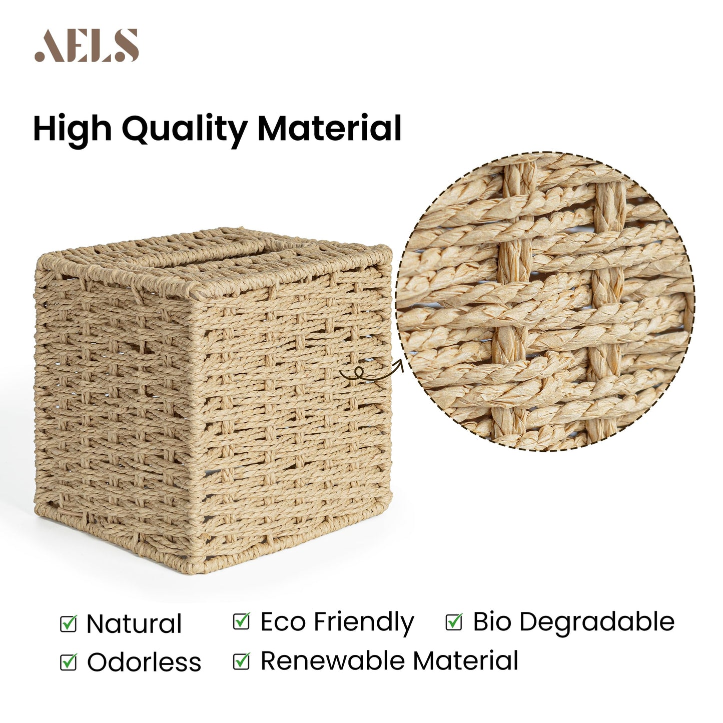 AELS Farmhouse Tissue Box Cover Square, Hand Woven Strawpaper Facial Tissue Paper Holder, Cute Tissue Box Holder Square, Boho Bathroom Decor Box for Tissues Cube Box w/Elastic Bottom, Beige