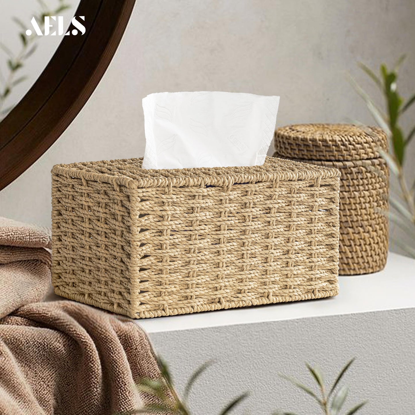 AELS Farmhouse Tissue Box Cover Square, Hand Woven Strawpaper Facial Tissue Paper Holder, Cute Tissue Box Holder Square, Boho Bathroom Decor Box for Tissues Cube Box w/Elastic Bottom, Beige