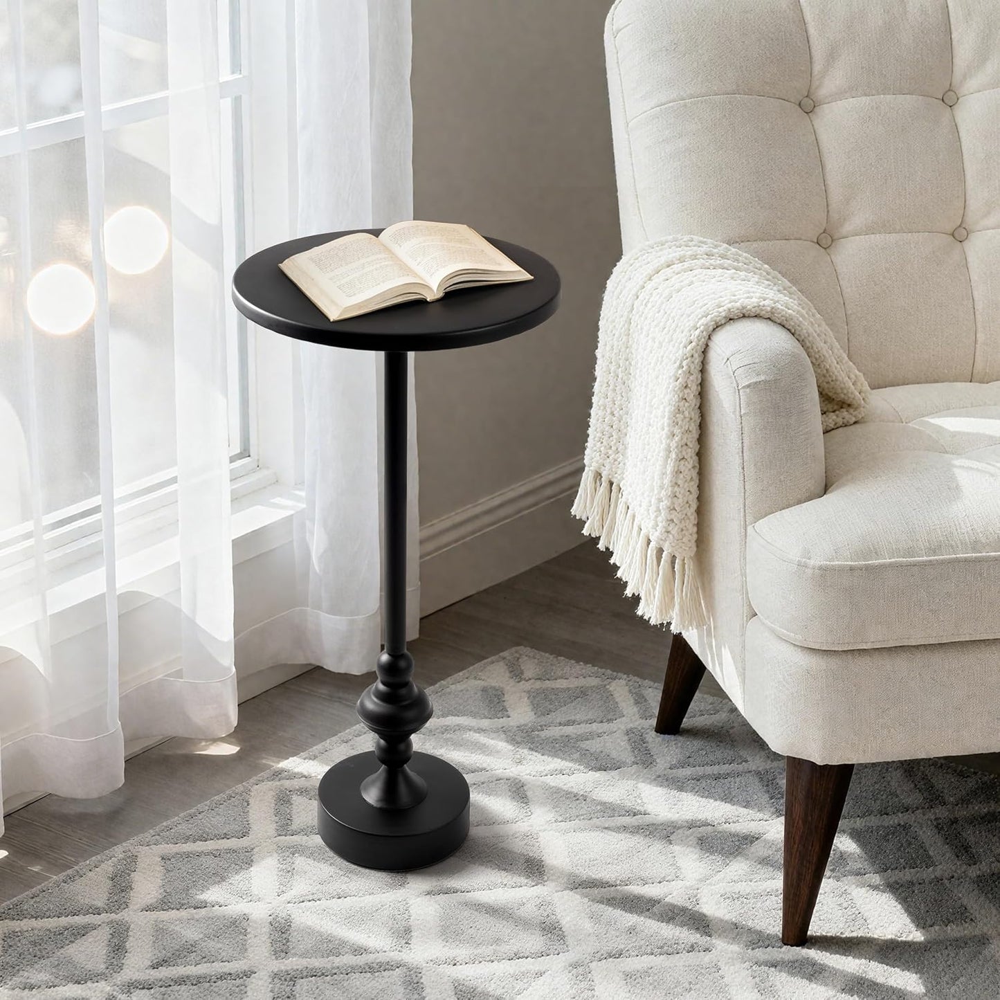 AELS Mid Century Modern Accent Drink Table, 11.8" Round Black Side Table with Metal Top and Base, Small End Table Nightstand for Living Room, Bedroom, Office, or Entryway