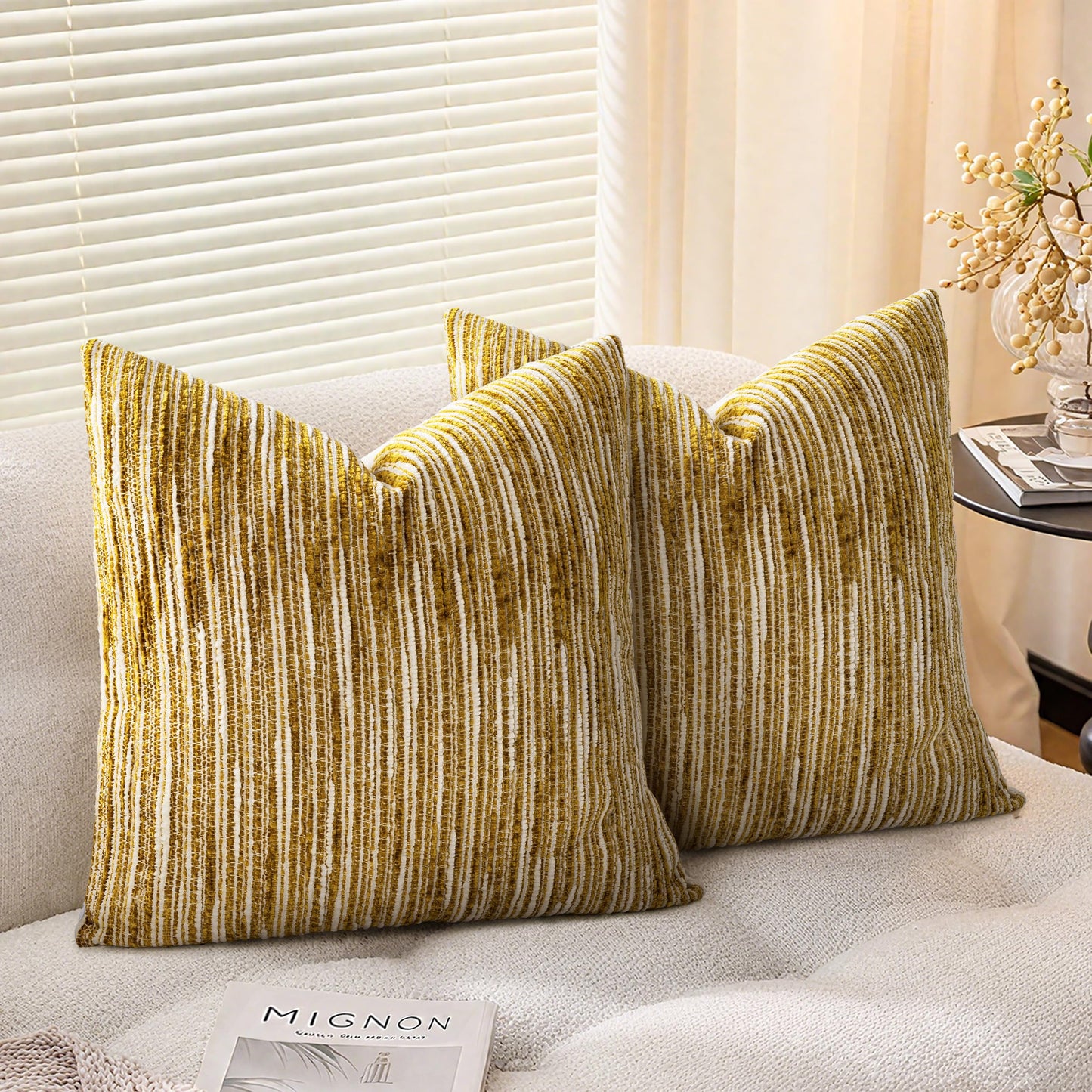 AELS 18x18 Decorative Farmhouse Throw Pillow Covers, Chenille Striped Pillow Case, Set of 2, Boho Textured Cushion Cover for Sofa Couch Living Room (Cover ONLY), Black and White