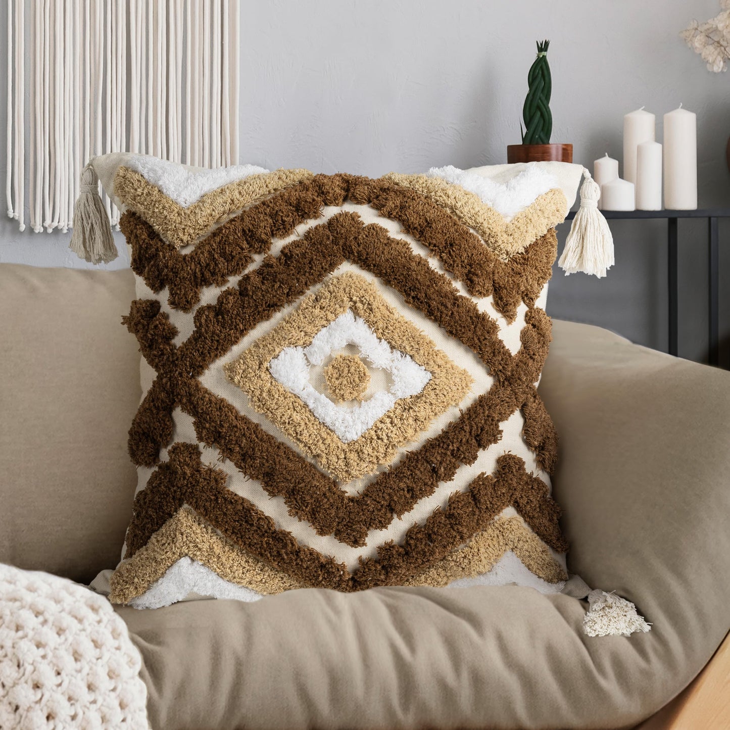 AELS Boho Decorative Textured Throw Pillow Covers 18x18, Modern Abstract Mid Century Pillow Case, Farmhouse Neutral Cushion Case for Bed Couch Sofa, Ombre Light Brown