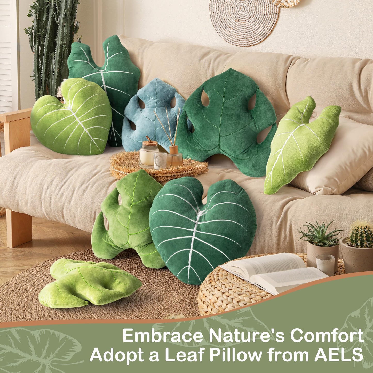 AELS Set of 2 3D Leaves Decorative Throw Pillows, 19"& 15" Philodendron Gloriosum Plush Pillow Set for Plant Lovers Garden Lovers, Living Room Bedroom Nursery Decor, Light Green & Dark Green