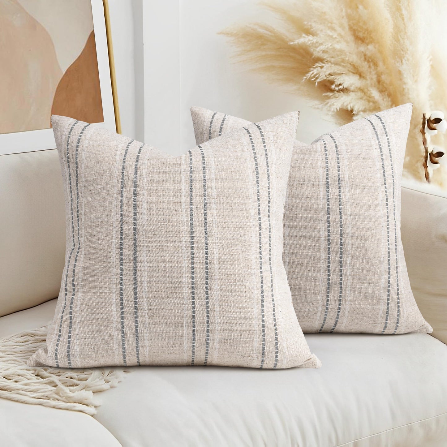AELS 14x36 Decorative Lumbar Throw Pillow Covers, Farmhouse Linen Textured Long Pillow Case, Beige with White & Navy Blue Stitch Boho Cushion Cover for Couch Living Room (Cover ONLY)