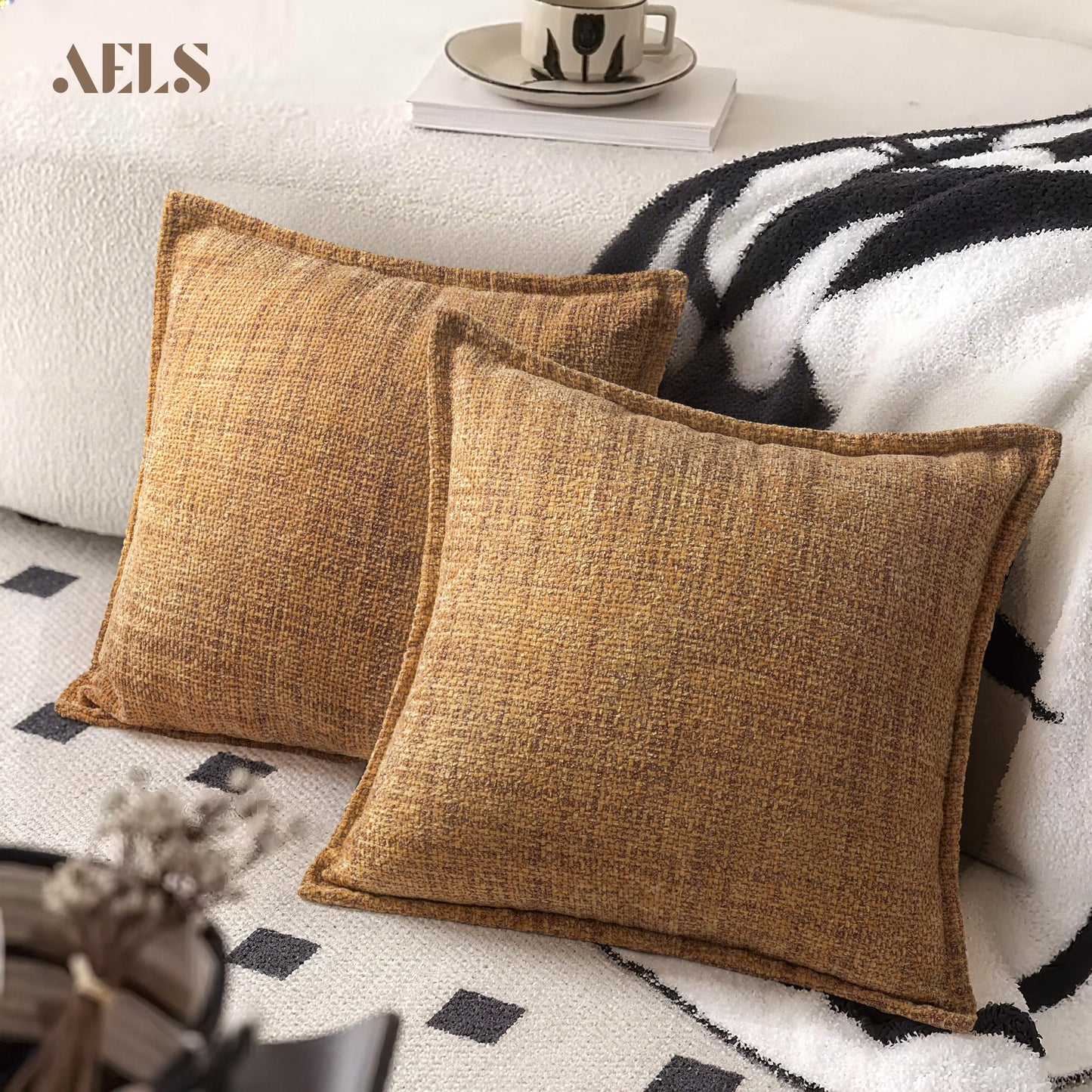 AELS 16x16 Decorative Chenille Farmhouse Throw Pillow Covers, Woven Pillow Case, Set of 2, Boho Textured Cushion Cover for Sofa Couch Living Room (Cover ONLY), Beige