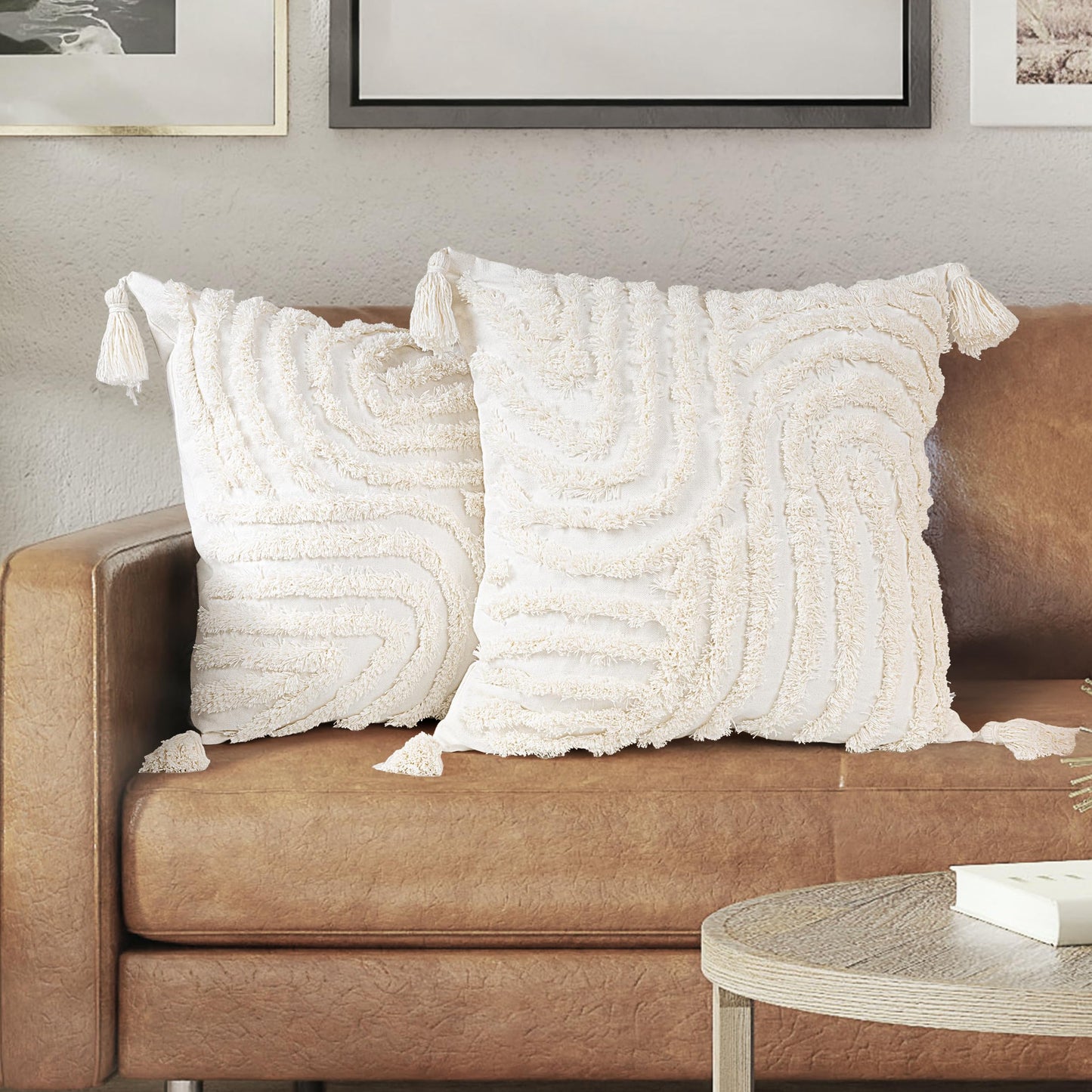 AELS Boho Decorative Textured Throw Pillow Covers with Tassels 18x18, Modern Abstract Mid Century Rainbow Tufted Pillow Case, Farmhouse Rustic Neutral Woven Cushion Case for Bed Couch Sofa, White