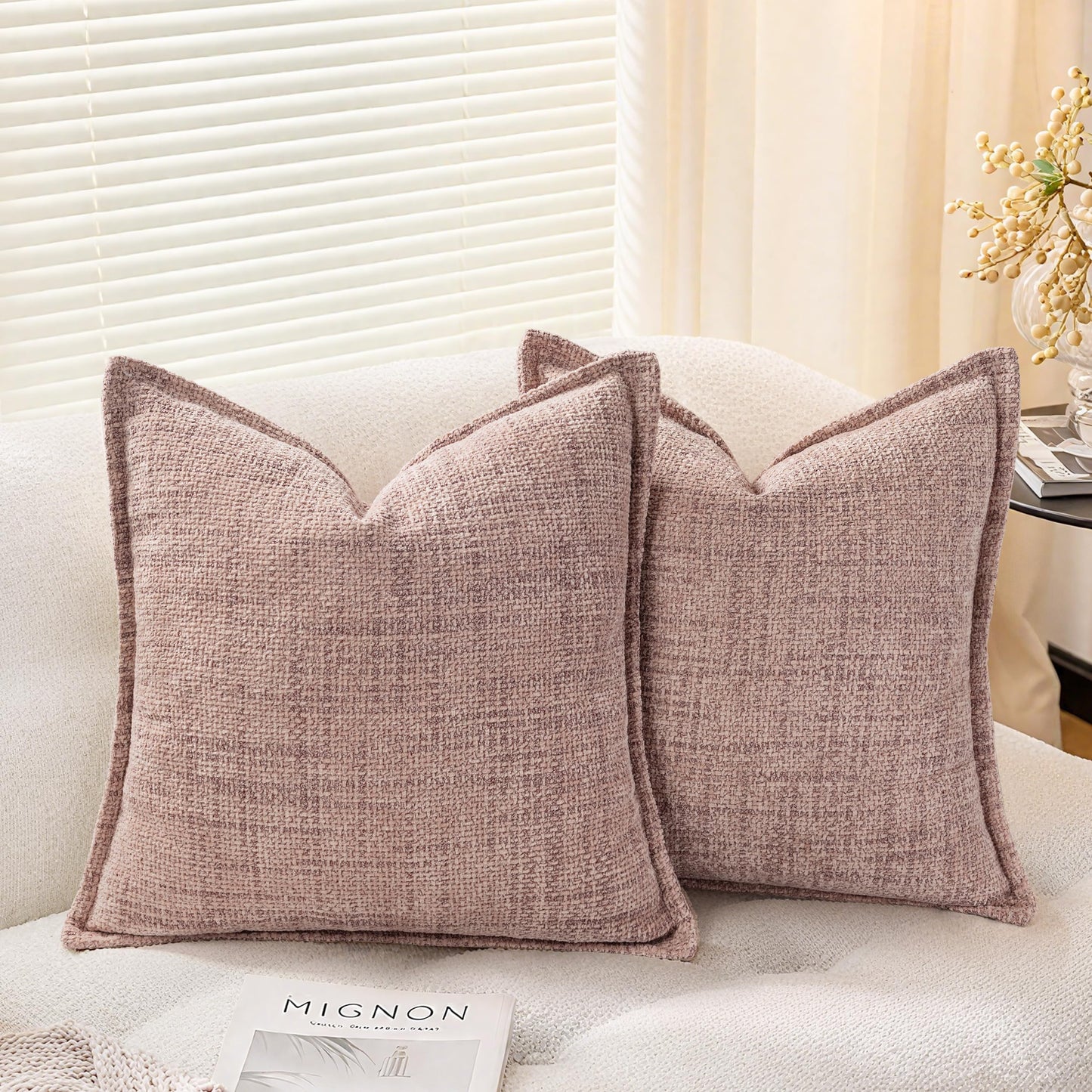 AELS 16x16 Decorative Chenille Farmhouse Throw Pillow Covers, Woven Pillow Case, Set of 2, Boho Textured Cushion Cover for Sofa Couch Living Room (Cover ONLY), Beige