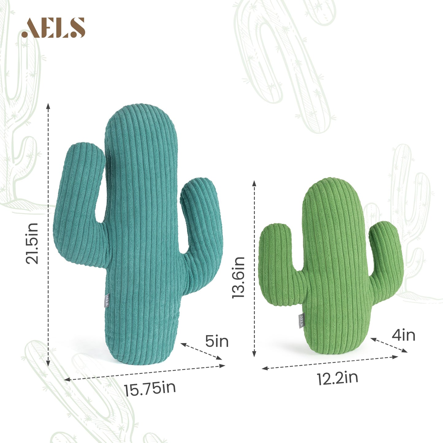 AELS Set of 2 Cactus Decorative Throw Pillows, 22"&14" Corduroy Striped Cactus Plush Pillow Set, Office Nap Pillow, Cute Succulent Throw Pillow for Nursery Bedroom Room Decor, Blue Green & Grass Green