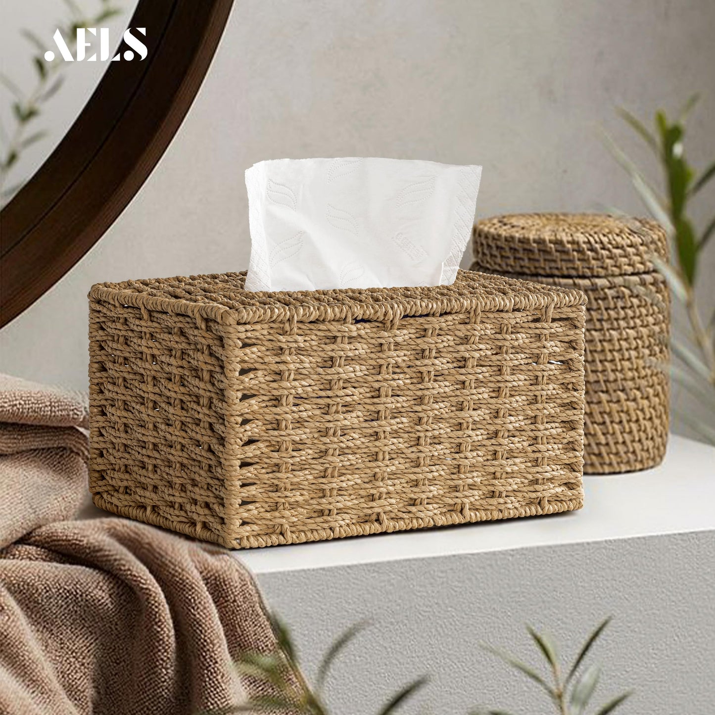 AELS Farmhouse Tissue Box Cover Square, Hand Woven Strawpaper Facial Tissue Paper Holder, Cute Tissue Box Holder Square, Boho Bathroom Decor Box for Tissues Cube Box w/Elastic Bottom, Beige