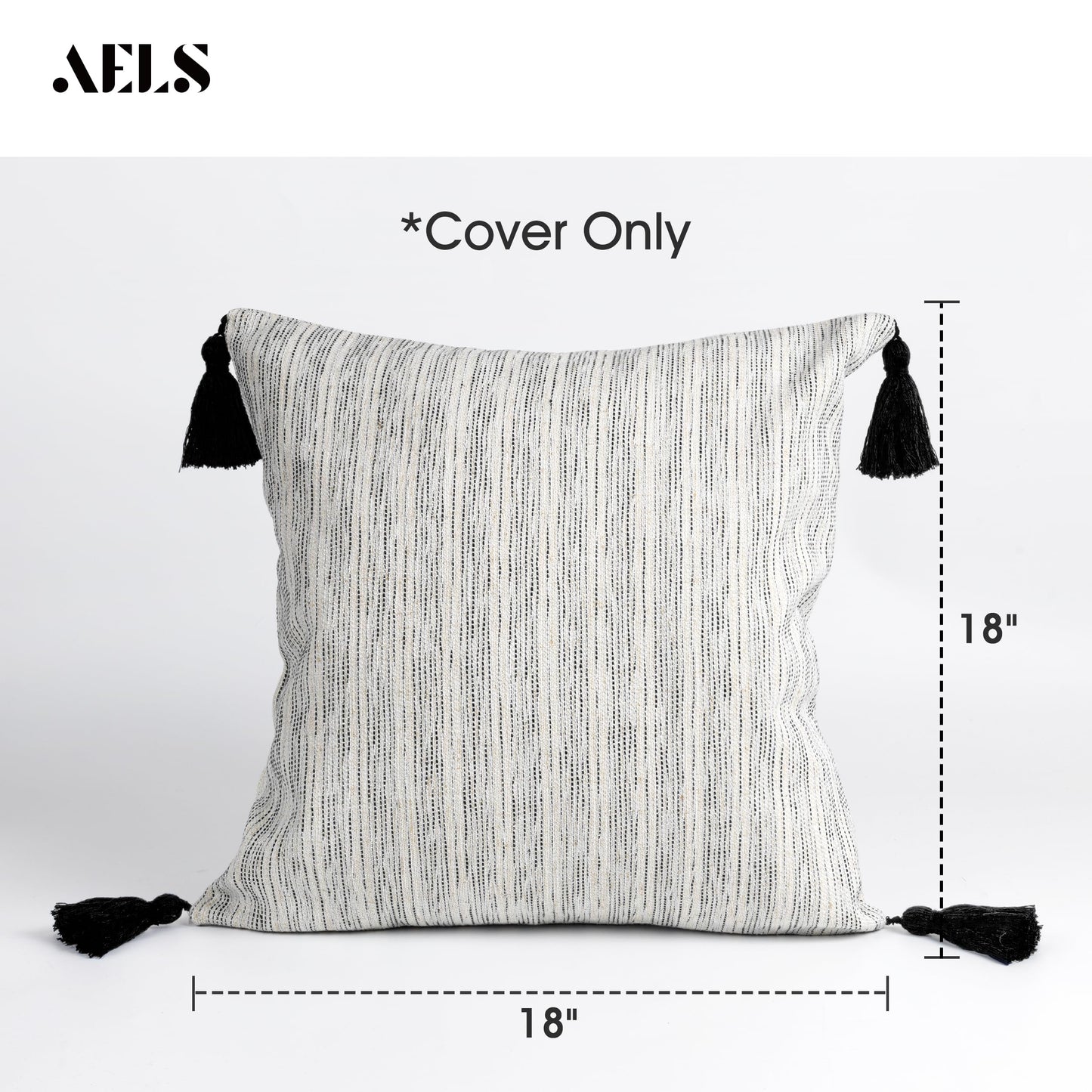 AELS 18x18 Decorative Farmhouse Linen Throw Pillow Covers with Tassels, Boho Textured Pillow Case, Set of 2, Beige with Ombre Blue Stitch Yarn Dyed Stripe Cushion Cover (Cover ONLY)