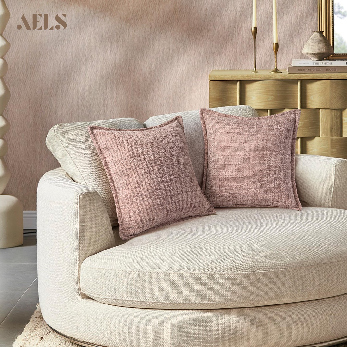AELS 16x16 Decorative Chenille Farmhouse Throw Pillow Covers, Woven Pillow Case, Set of 2, Boho Textured Cushion Cover for Sofa Couch Living Room (Cover ONLY), Beige