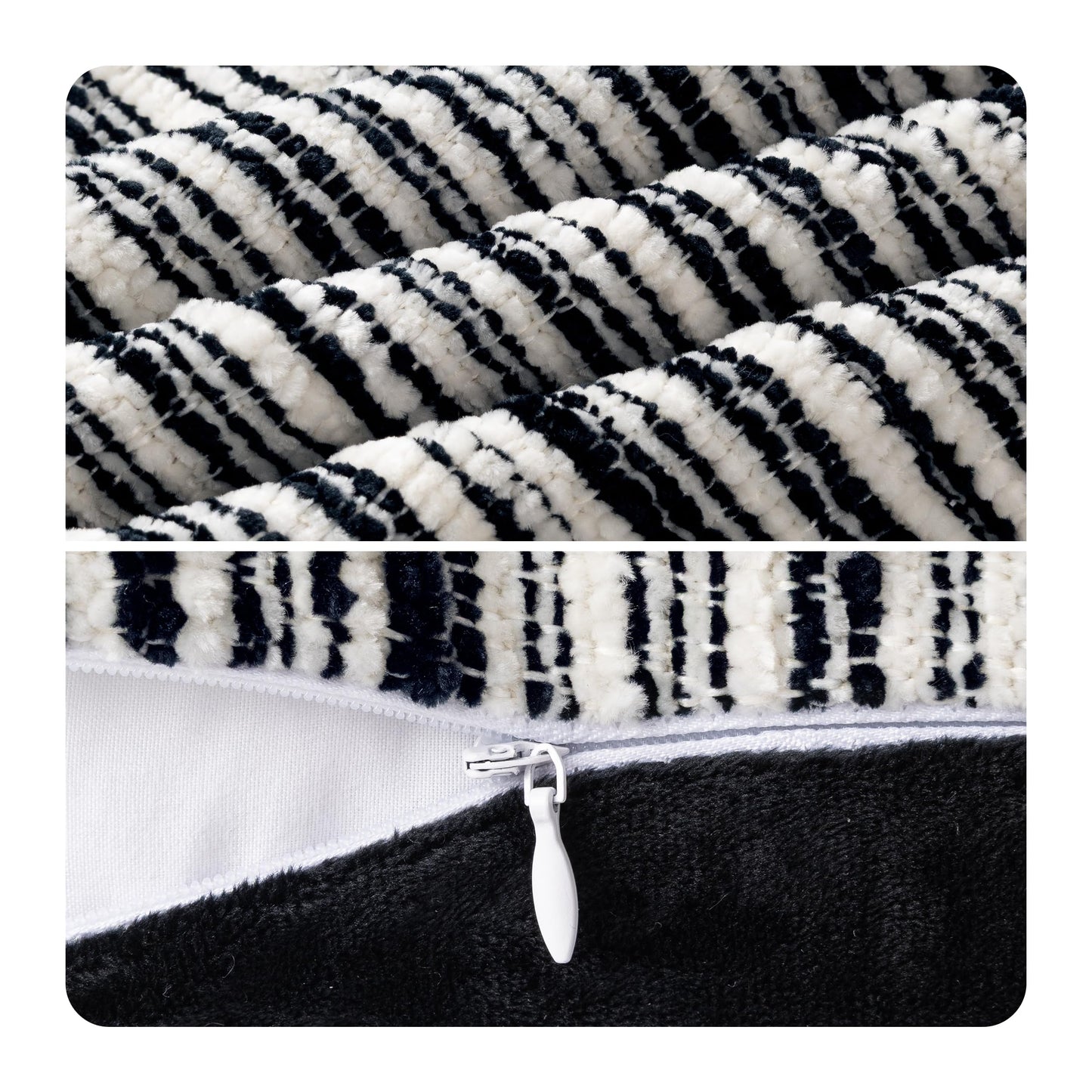AELS 18x18 Decorative Farmhouse Throw Pillow Covers, Chenille Striped Pillow Case, Set of 2, Boho Textured Cushion Cover for Sofa Couch Living Room (Cover ONLY), Black and White