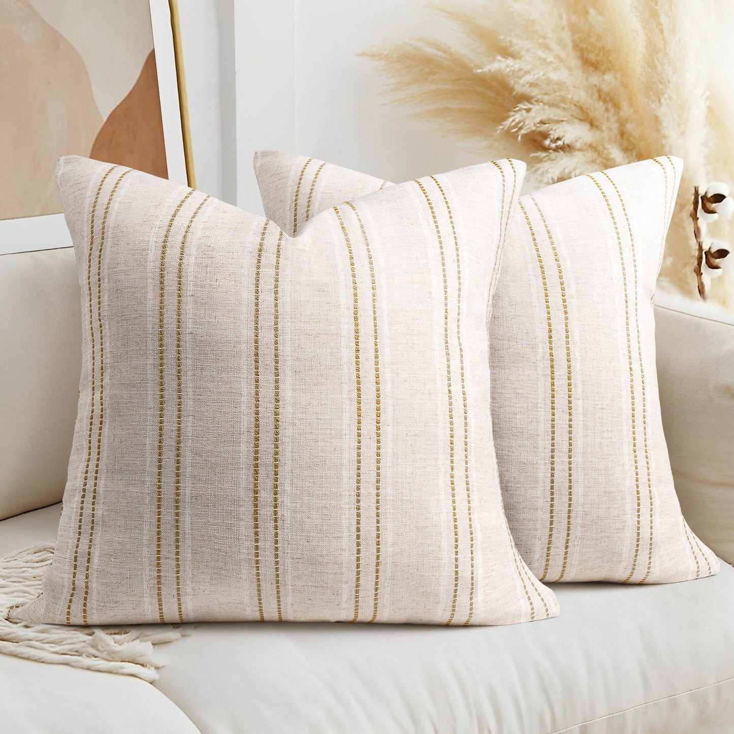 AELS 14x36 Decorative Lumbar Throw Pillow Covers, Farmhouse Linen Textured Long Pillow Case, Beige with White & Navy Blue Stitch Boho Cushion Cover for Couch Living Room (Cover ONLY)