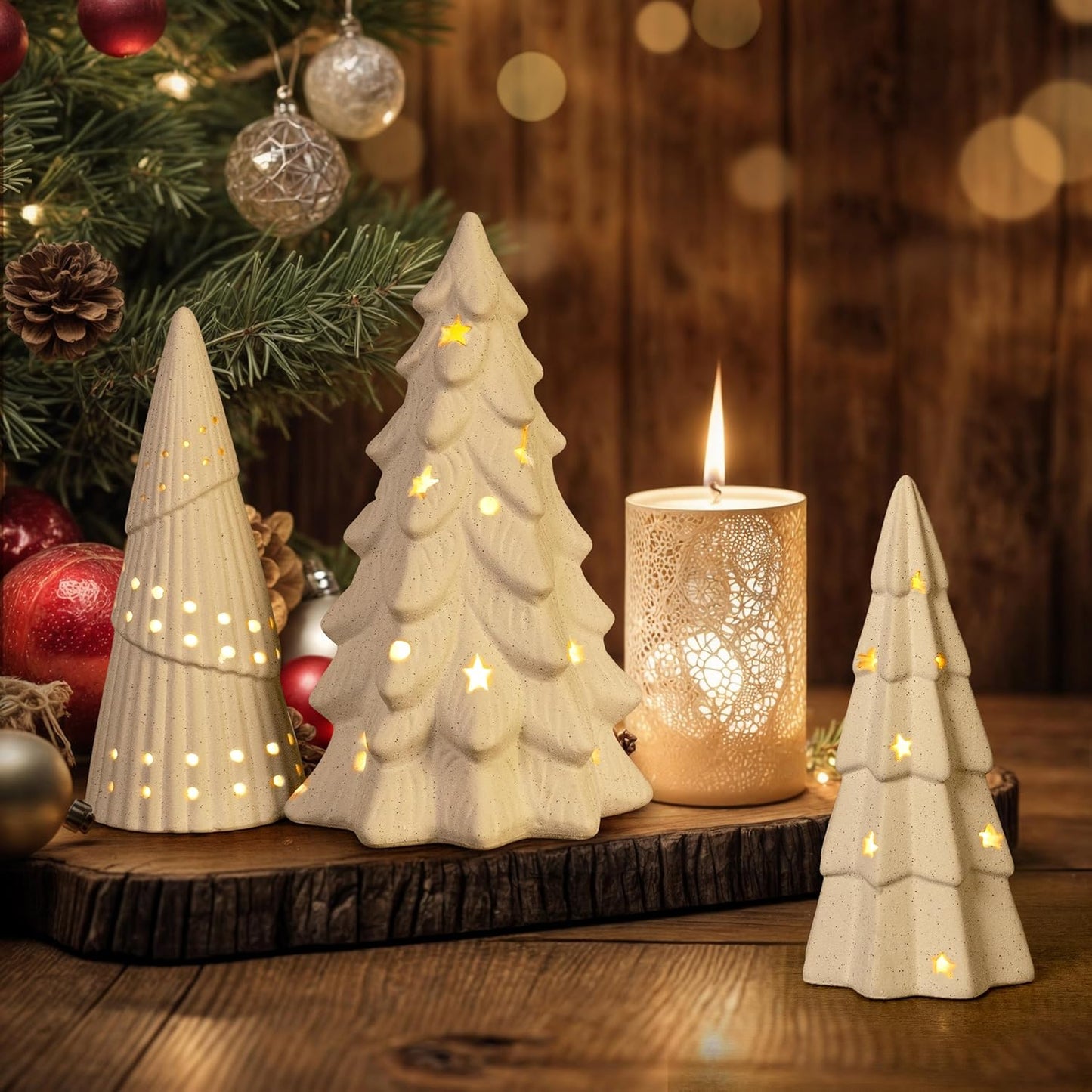 AELS Cordless Lighted Ceramic Christmas Tree, Set of 3, Matte White Tabletop Xmas Figurines Decorations with Lights for Christmas Holiday Decor, White Christmas Decorations