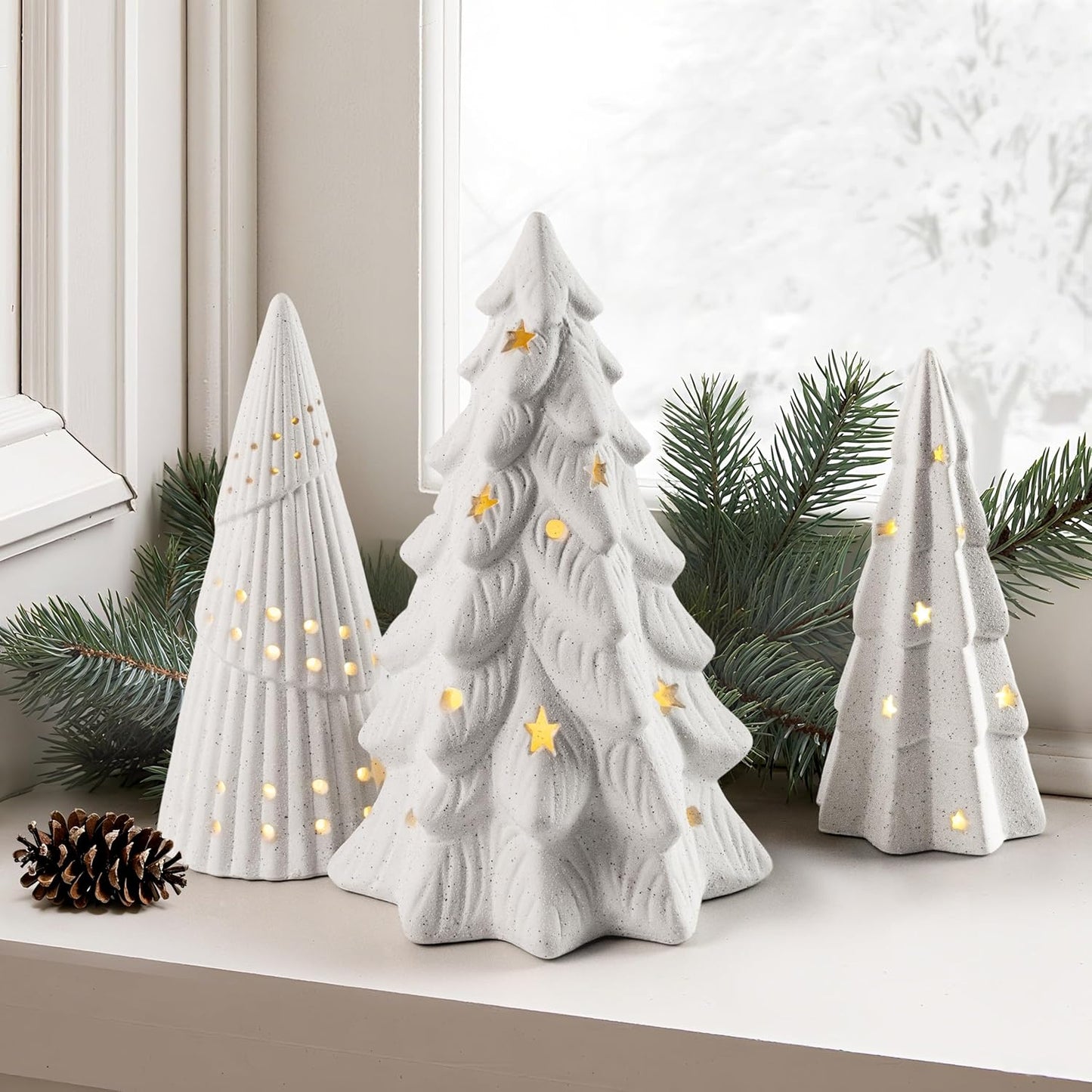 AELS Cordless Lighted Ceramic Christmas Tree, Set of 3, Matte White Tabletop Xmas Figurines Decorations with Lights for Christmas Holiday Decor, White Christmas Decorations