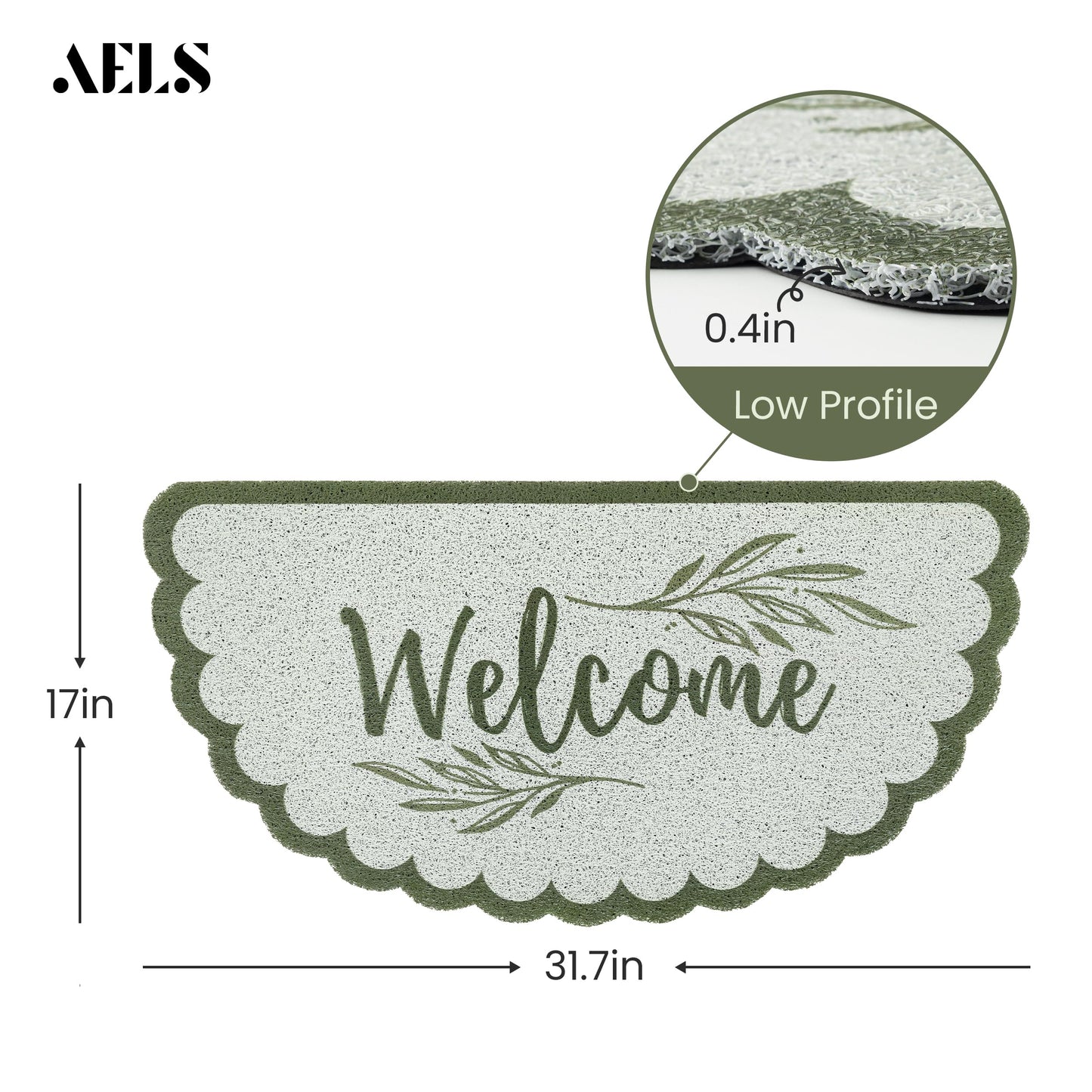 AELS 31.7" x 17" Outdoor Welcome Mat, Dirt Trapper Front Door Mat, Low Profile Entryway Rug, Small Garage Door Mat, Half Circle Door Mat Indoor, Easy to Clean Door Mat Waterproof, Sage Green