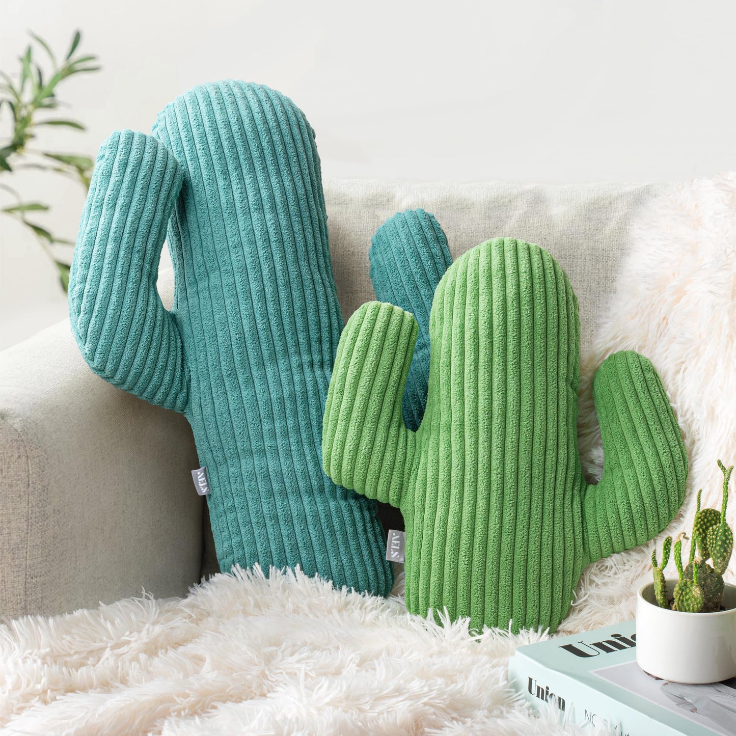 AELS Set of 2 Cactus Decorative Throw Pillows, 22"&14" Corduroy Striped Cactus Plush Pillow Set, Office Nap Pillow, Cute Succulent Throw Pillow for Nursery Bedroom Room Decor, Blue Green & Grass Green