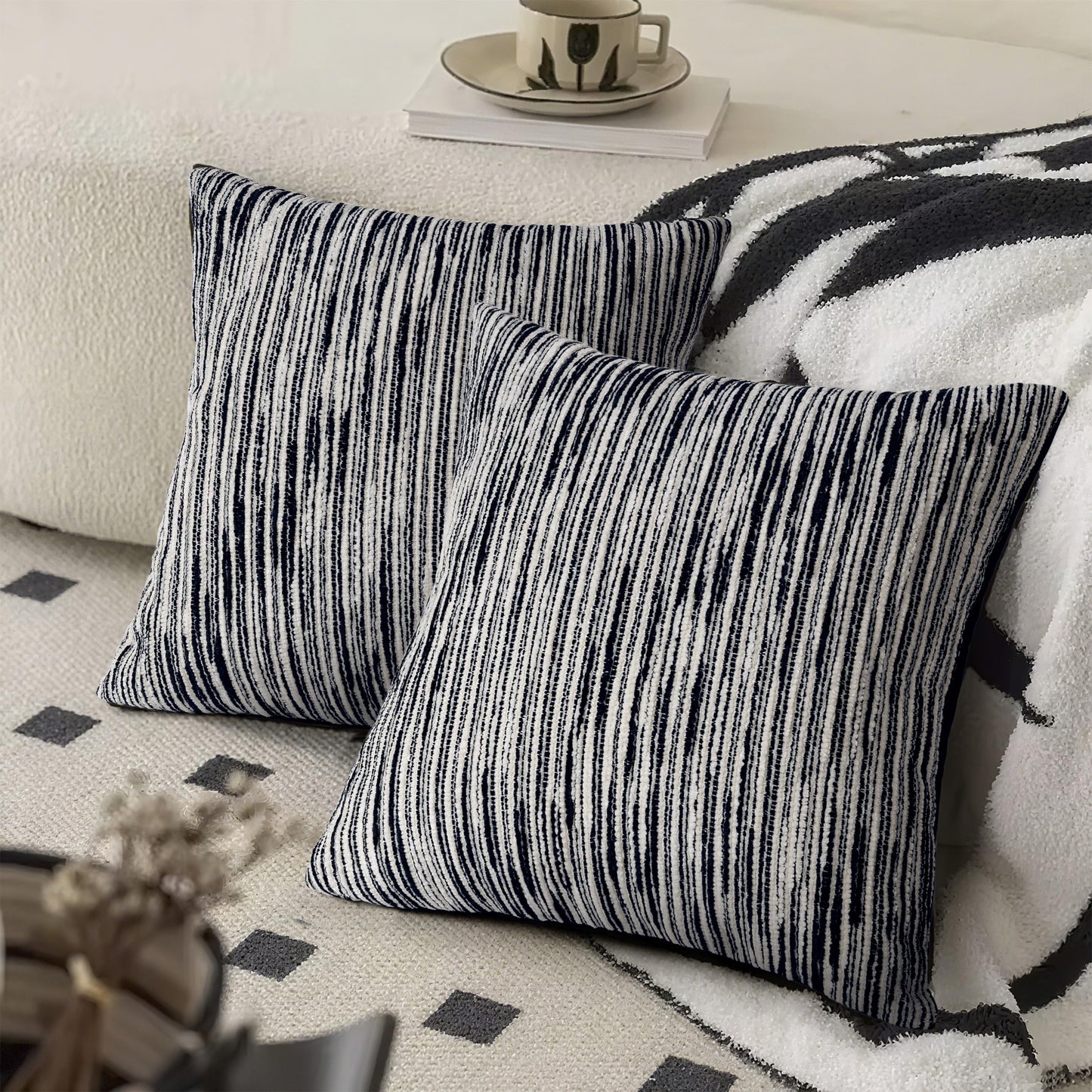 AELS 18x18 Decorative Farmhouse Throw Pillow Covers, Chenille Striped Pillow Case, Set of 2, Boho Textured Cushion Cover for Sofa Couch Living Room (Cover ONLY), Black and White