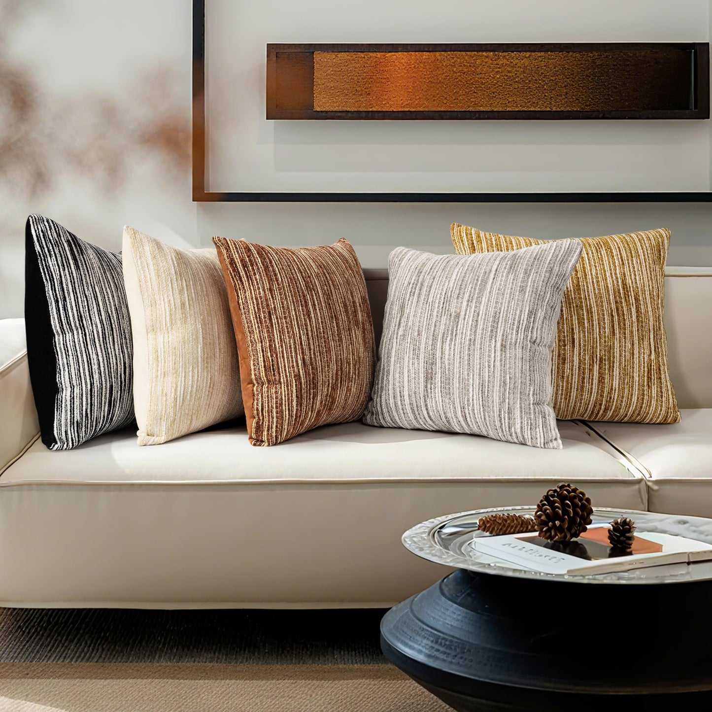 AELS 18x18 Decorative Farmhouse Throw Pillow Covers, Chenille Striped Pillow Case, Set of 2, Boho Textured Cushion Cover for Sofa Couch Living Room (Cover ONLY), Black and White
