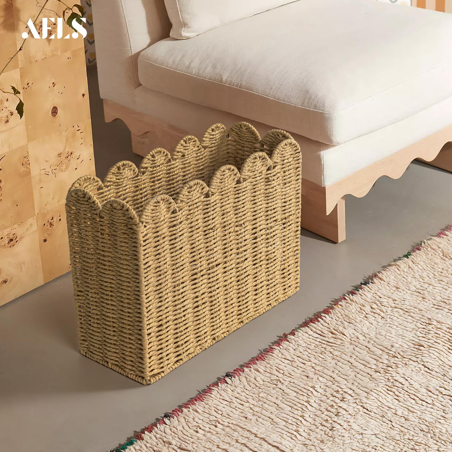 AELS Woven Natural Fibre Magazine Holder, Scalloped Edge Magazine Rack Floor, Hand-woven Magazine Organizer, Magazine Basket, Boho Modern Farmhouse Book Basket, File Newspaper Mail Holder for Office