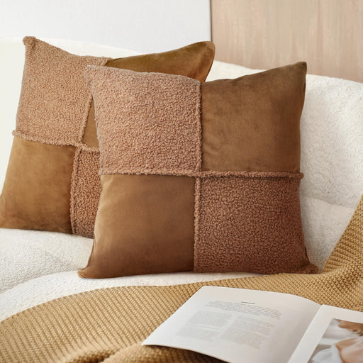 AELS 20x20 Decorative Boucle & Velvet Throw Pillow Covers, Farmhouse Textured Pillow Case, Set of 2, Patchwork Cushion Cover for Sofa Couch Living Room, Chocolate Brown (Cover ONLY)