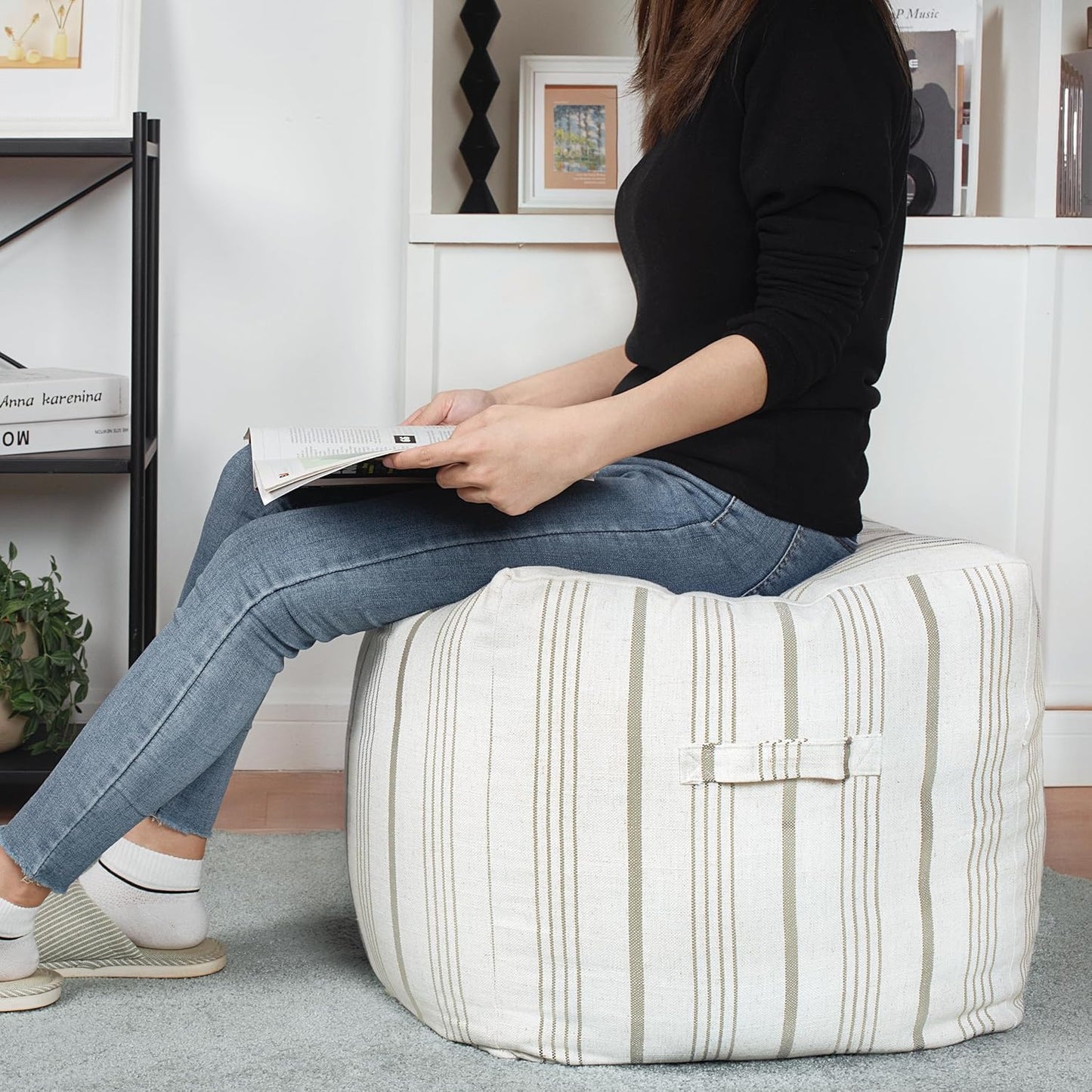 AELS Unstuffed Farmhouse Pouf Cover for Living Room, Storage Bean Bag Cubes, Off Beige & Light Brown Stripes Linen Square Ottoman Pouf Foot Rest Footstool, 18"x18"x18", Cover ONLY