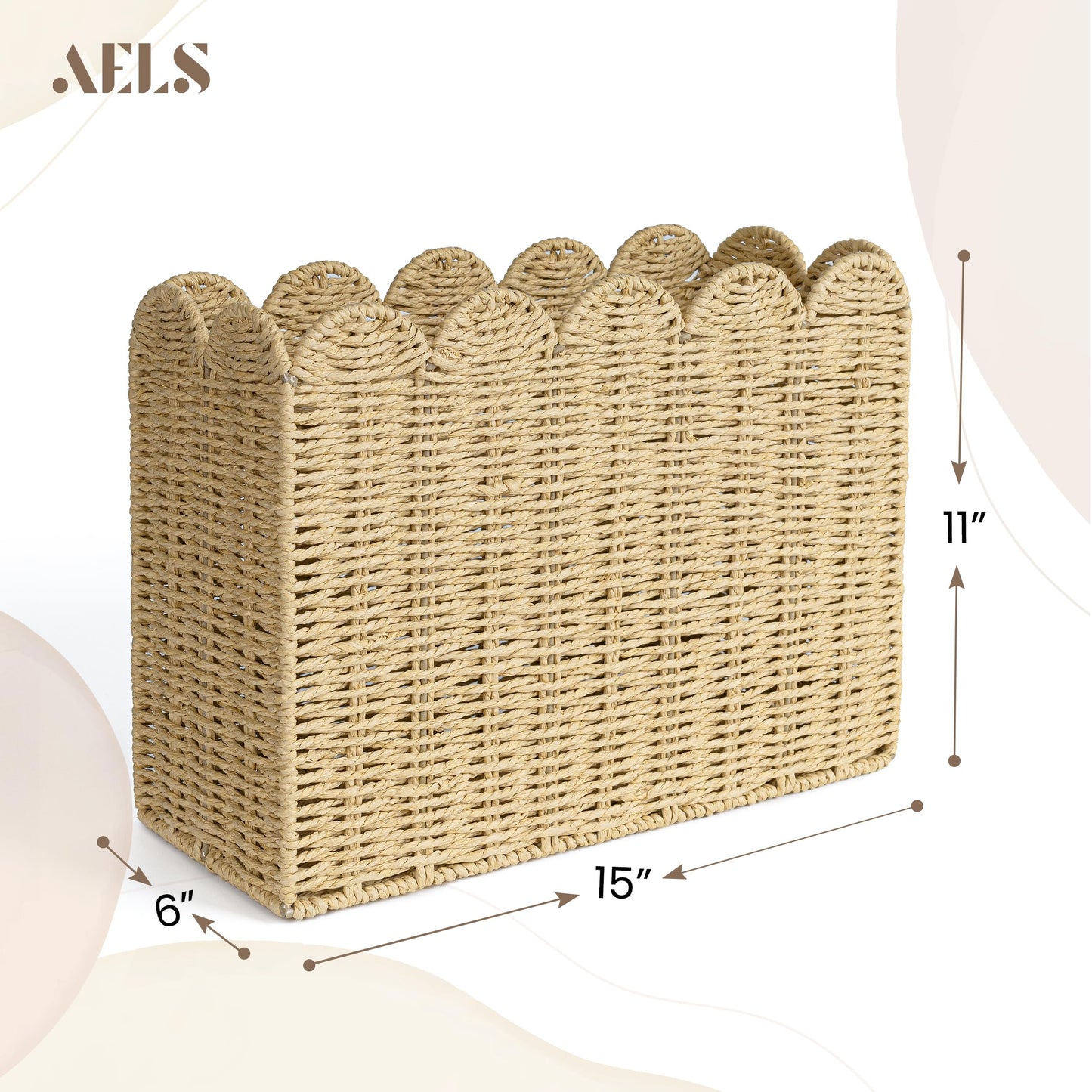 AELS Woven Natural Fibre Magazine Holder, Scalloped Edge Magazine Rack Floor, Hand-woven Magazine Organizer, Magazine Basket, Boho Modern Farmhouse Book Basket, File Newspaper Mail Holder for Office