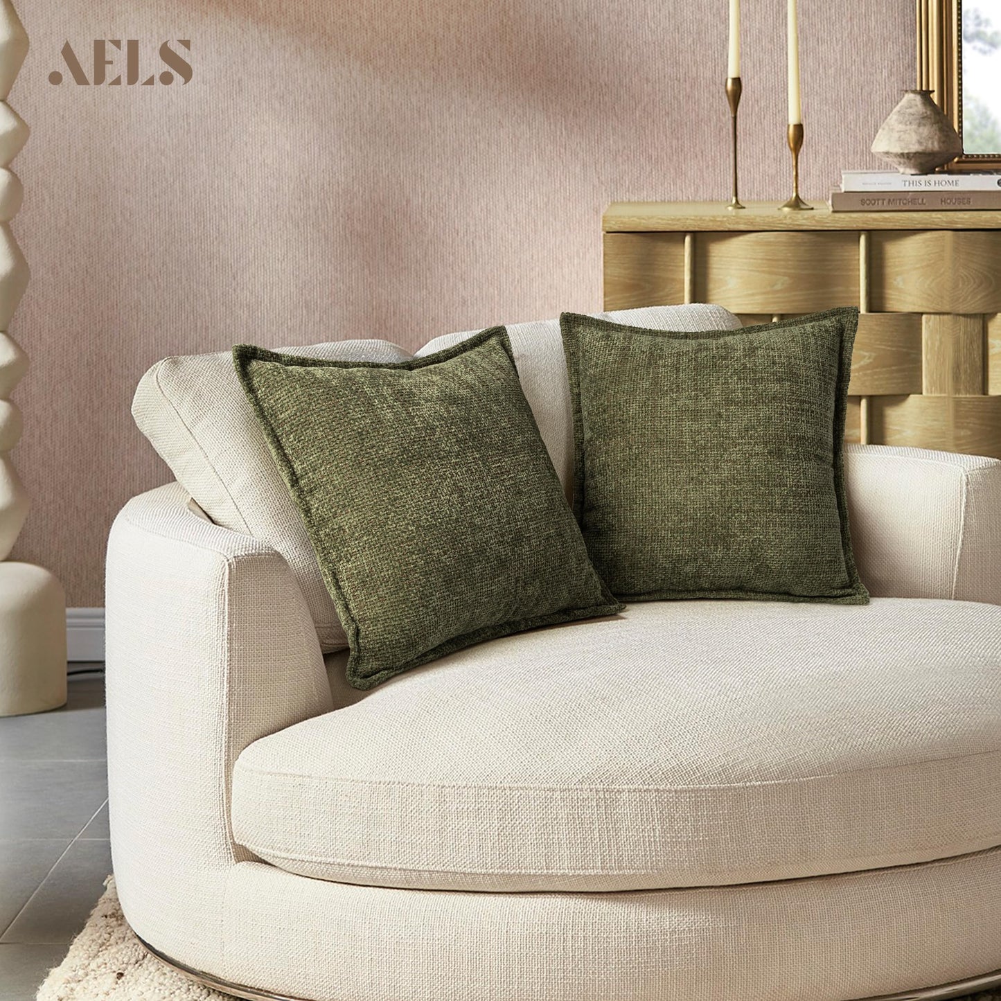 AELS 16x16 Decorative Chenille Farmhouse Throw Pillow Covers, Woven Pillow Case, Set of 2, Boho Textured Cushion Cover for Sofa Couch Living Room (Cover ONLY), Beige