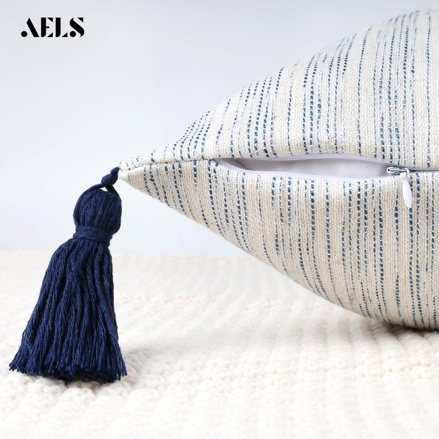 AELS 18x18 Decorative Farmhouse Linen Throw Pillow Covers with Tassels, Boho Textured Pillow Case, Set of 2, Beige with Ombre Blue Stitch Yarn Dyed Stripe Cushion Cover (Cover ONLY)