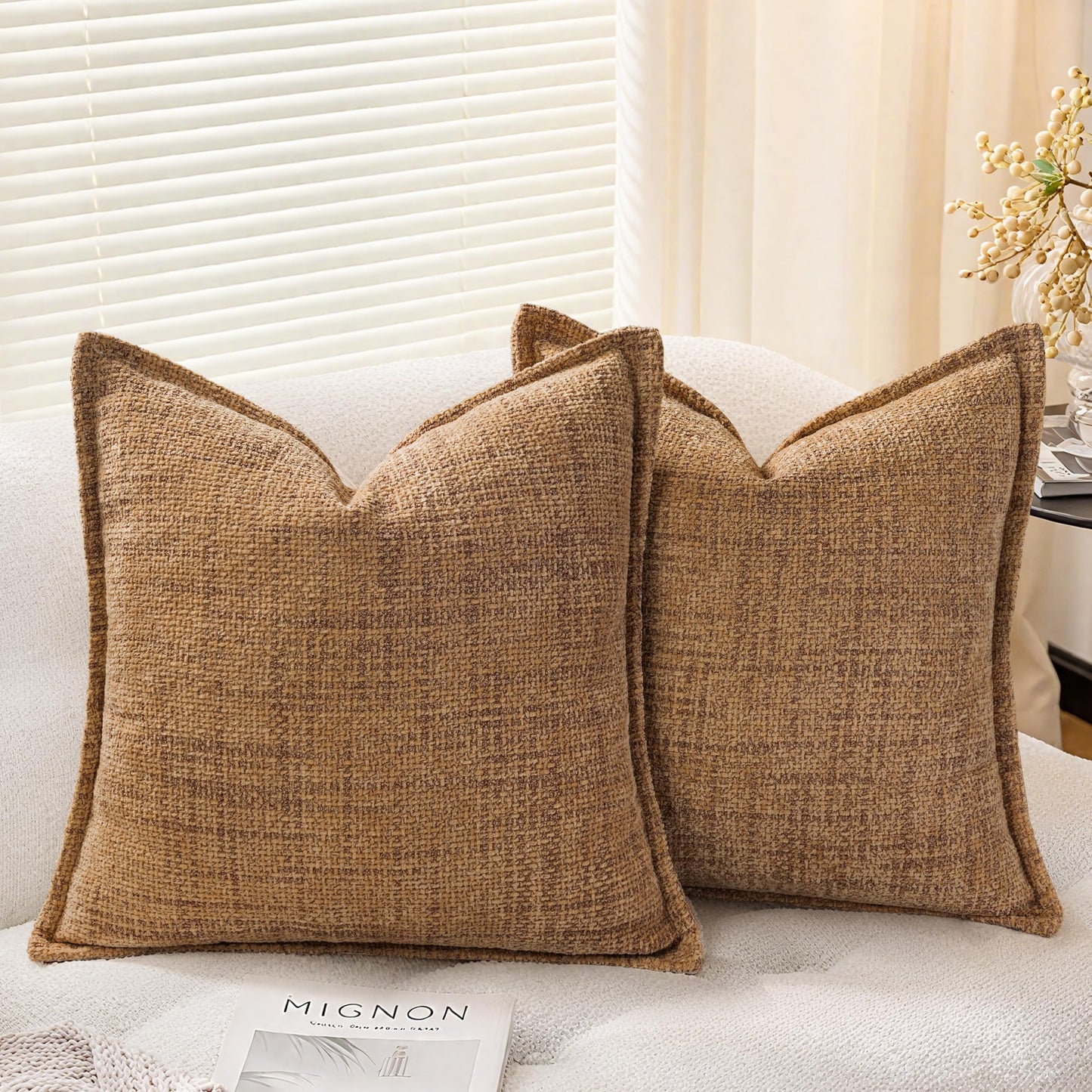 AELS 16x16 Decorative Chenille Farmhouse Throw Pillow Covers, Woven Pillow Case, Set of 2, Boho Textured Cushion Cover for Sofa Couch Living Room (Cover ONLY), Beige