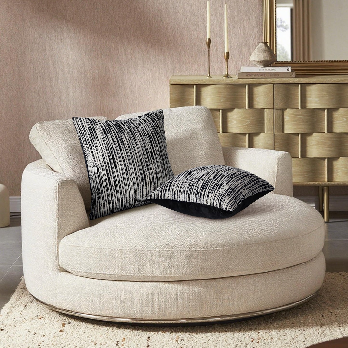 AELS 18x18 Decorative Farmhouse Throw Pillow Covers, Chenille Striped Pillow Case, Set of 2, Boho Textured Cushion Cover for Sofa Couch Living Room (Cover ONLY), Black and White