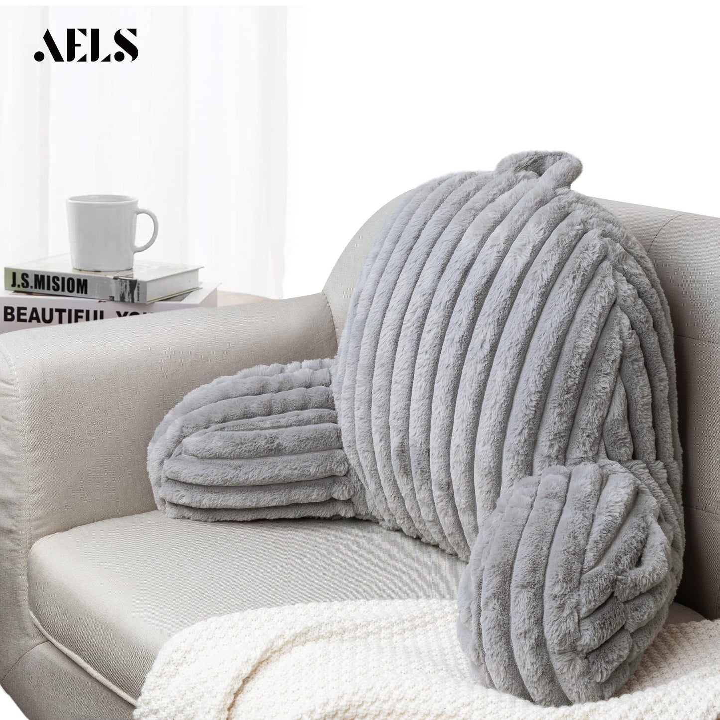 AELS Large Reading Pillow Replacement Cover with Arms and Pockets (Cover ONLY), 18" Soft Faux Fur Striped Backrest Pillow Cover Fits Standard Size Reading Pillows, Gray