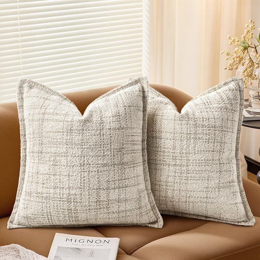 AELS 16x16 Decorative Chenille Farmhouse Throw Pillow Covers, Woven Pillow Case, Set of 2, Boho Textured Cushion Cover for Sofa Couch Living Room (Cover ONLY), Beige