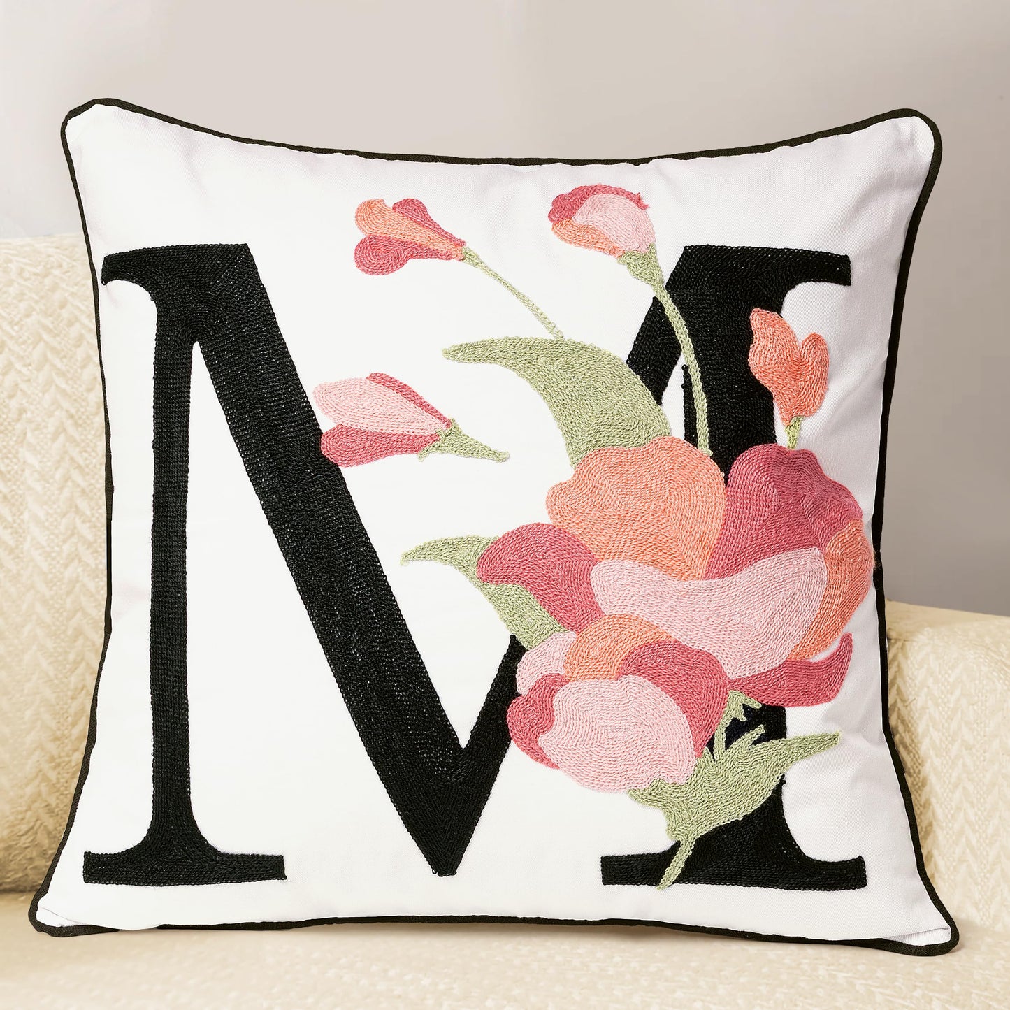 AELS Embroidered Letter Throw Pillow Cover, Chic Modern Botanical Alphabet Cushion Cover with Floral Monogram, 18"x18" Cotton Decorative Pillowcase for Couch, Sofa, Bed, or Living Room Decor, Letter A