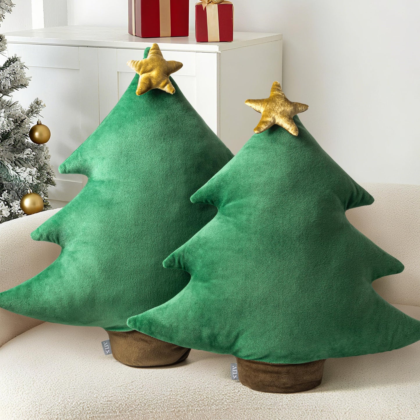 AELS Christmas Tree Decorative Throw Pillow, 19.6 & 15.7 Inch Holiday Throw Pillows for Christmas Decor, Plush Tree Shaped Decorative Pillows for Living Room Bedroom Sofa, Green