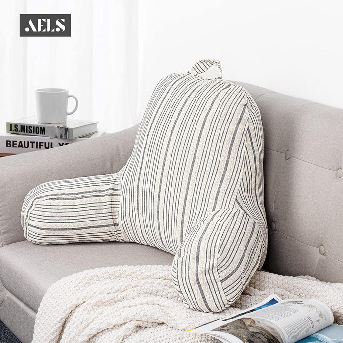 AELS Large Reading Pillow Replacement Cover with Arms and Pockets, 18" Beige with Gray Stripes Textured Linen Backrest Pillow Cover Fits Standard Size Pillows (Cover ONLY)