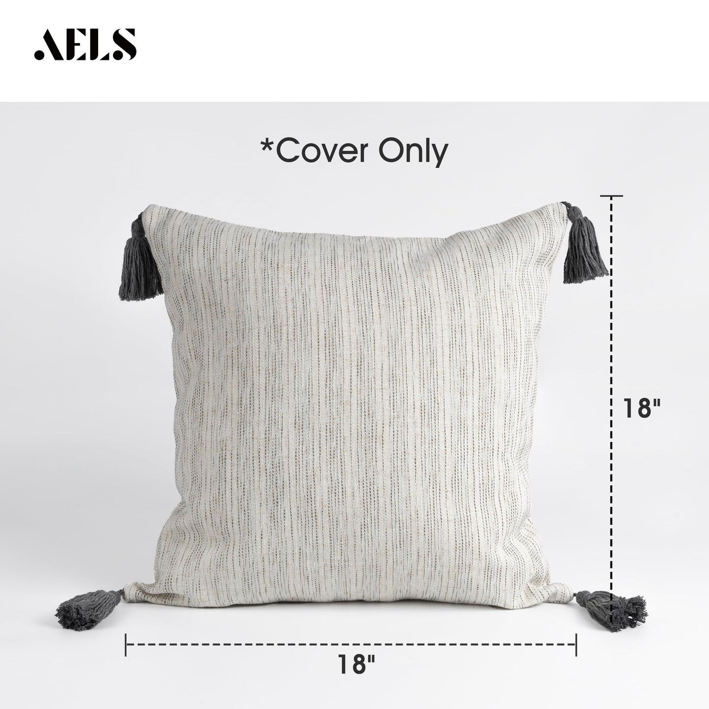 AELS 18x18 Decorative Farmhouse Linen Throw Pillow Covers with Tassels, Boho Textured Pillow Case, Set of 2, Beige with Ombre Blue Stitch Yarn Dyed Stripe Cushion Cover (Cover ONLY)