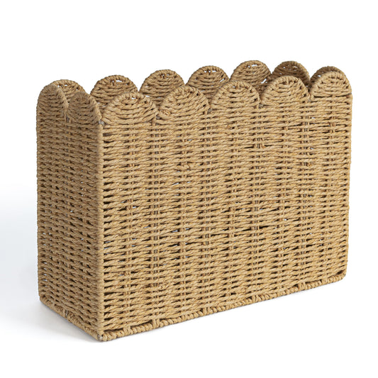 AELS Hand Woven Scalloped Basket Set of Mail Organizer and Magazine Holder, Coastal Style Mail Holder and Floor Magazine Rack, Boho Modern Farmhouse Book Basket Newspaper Bill Mail Sorter for Office