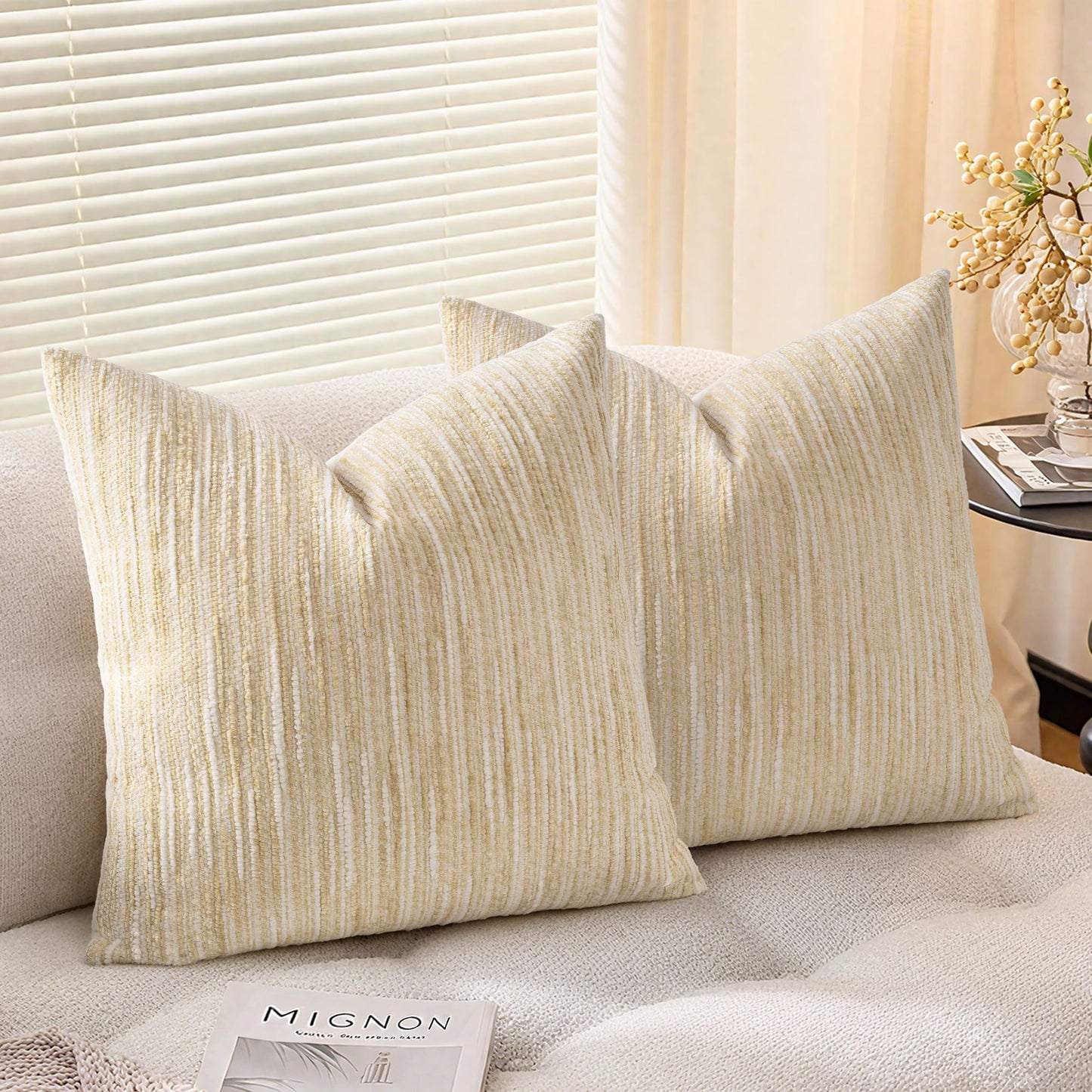 AELS 18x18 Decorative Farmhouse Throw Pillow Covers, Chenille Striped Pillow Case, Set of 2, Boho Textured Cushion Cover for Sofa Couch Living Room (Cover ONLY), Black and White