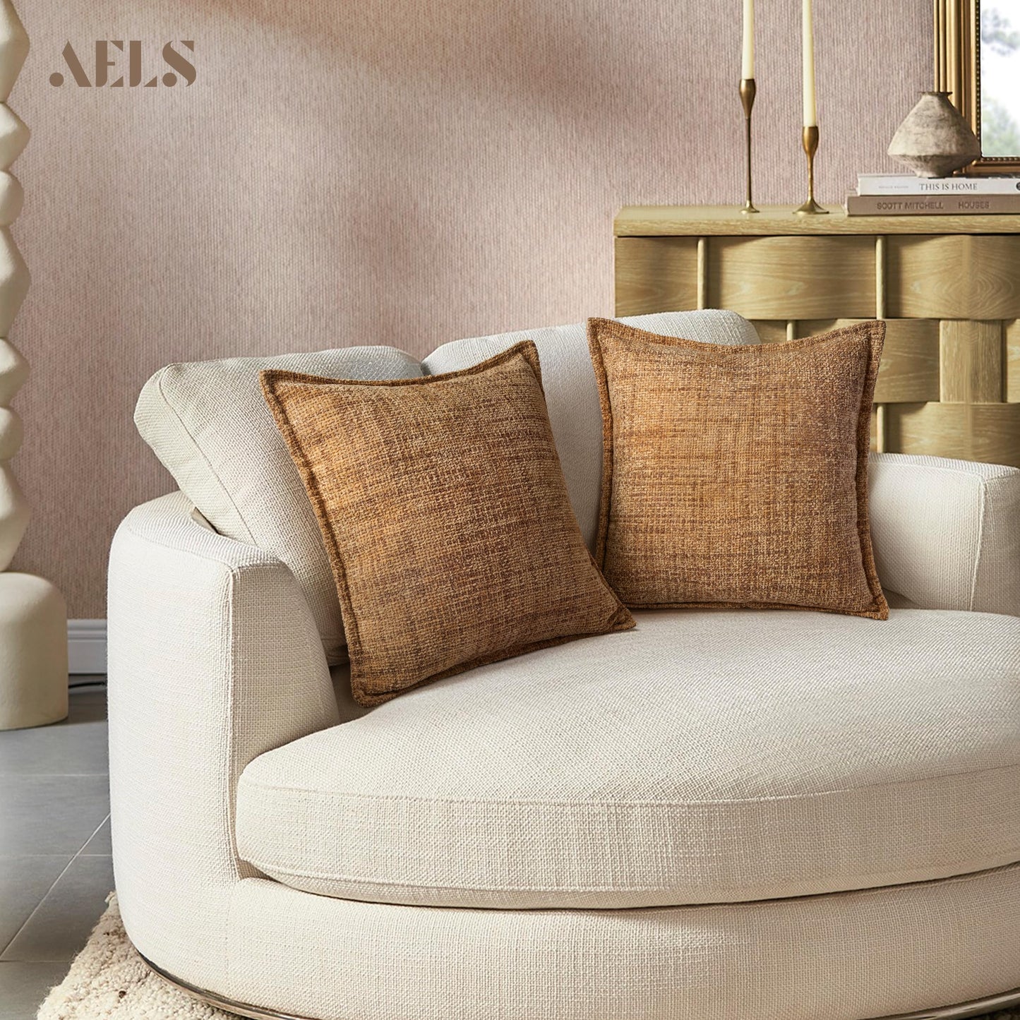 AELS 16x16 Decorative Chenille Farmhouse Throw Pillow Covers, Woven Pillow Case, Set of 2, Boho Textured Cushion Cover for Sofa Couch Living Room (Cover ONLY), Beige