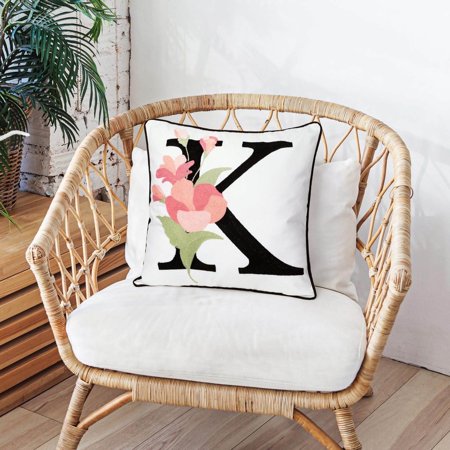AELS Embroidered Letter Throw Pillow Cover, Chic Modern Botanical Alphabet Cushion Cover with Floral Monogram, 18"x18" Cotton Decorative Pillowcase for Couch, Sofa, Bed, or Living Room Decor, Letter A